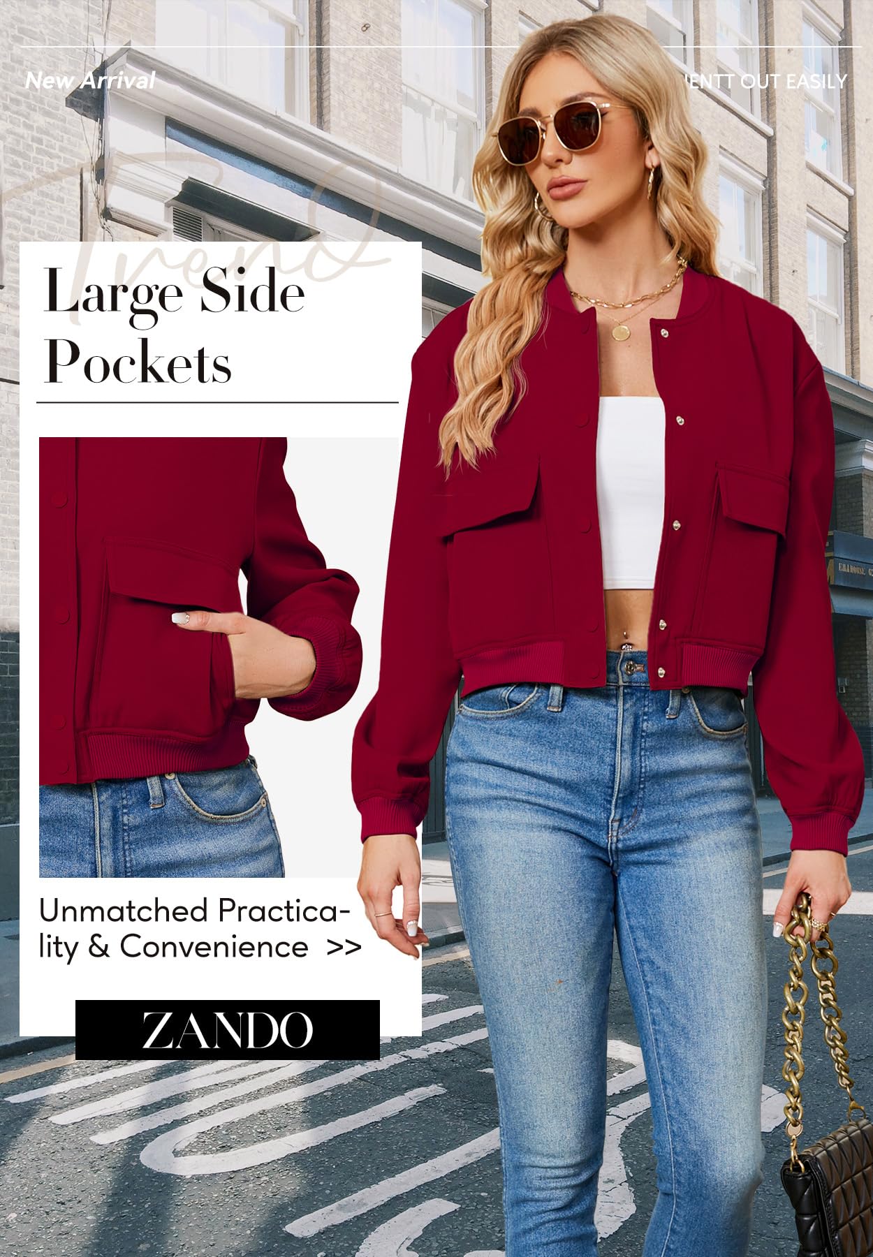 Zando Red Cropped Bomber Jacket Women 2026 Short Casual Varsity Jackets
