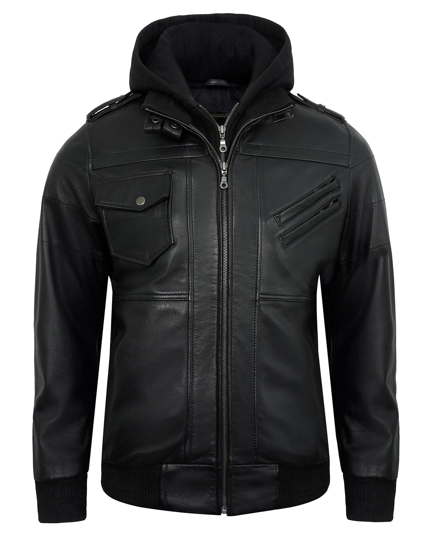 UrbanFocal Hooded Black Leather Bomber Jacket Men - Real Lambskin Leather Jackets For Mens With Detachable Hood | [101009905] Edinburgh Black, XL