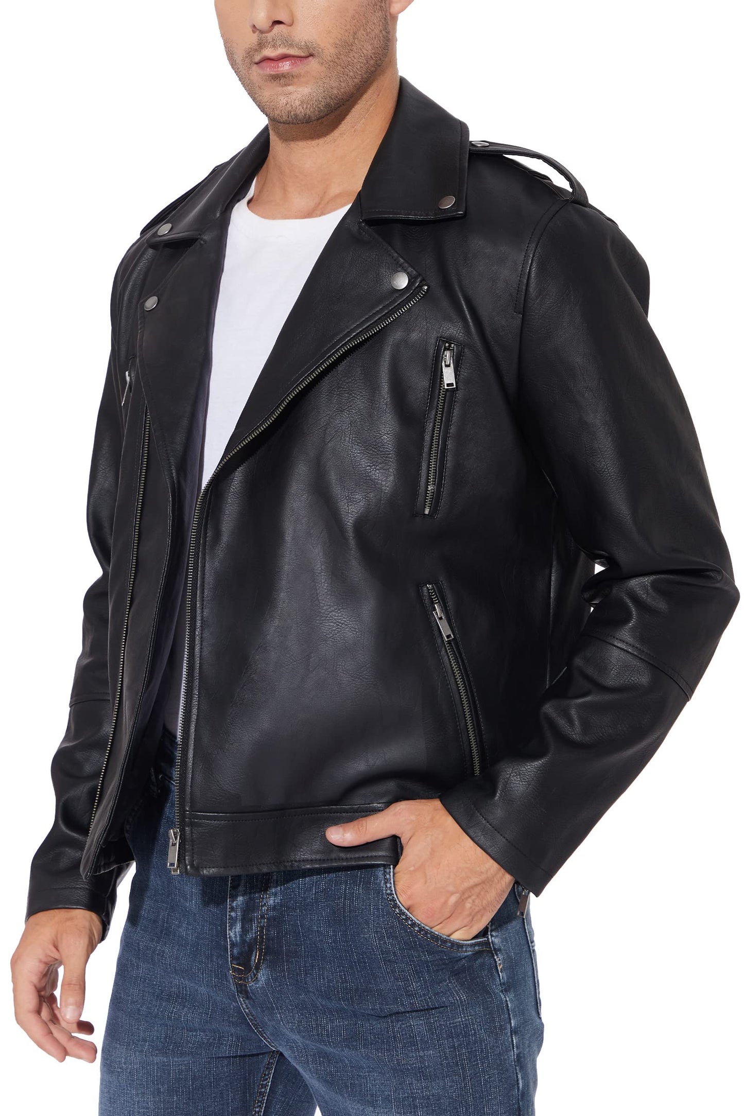Fahsyee Leather Jackets for Men, Faux Bomber Jacket Mens Motorcycle Lapel Zip-Up Belt Slim Fit Biker Coat Black M