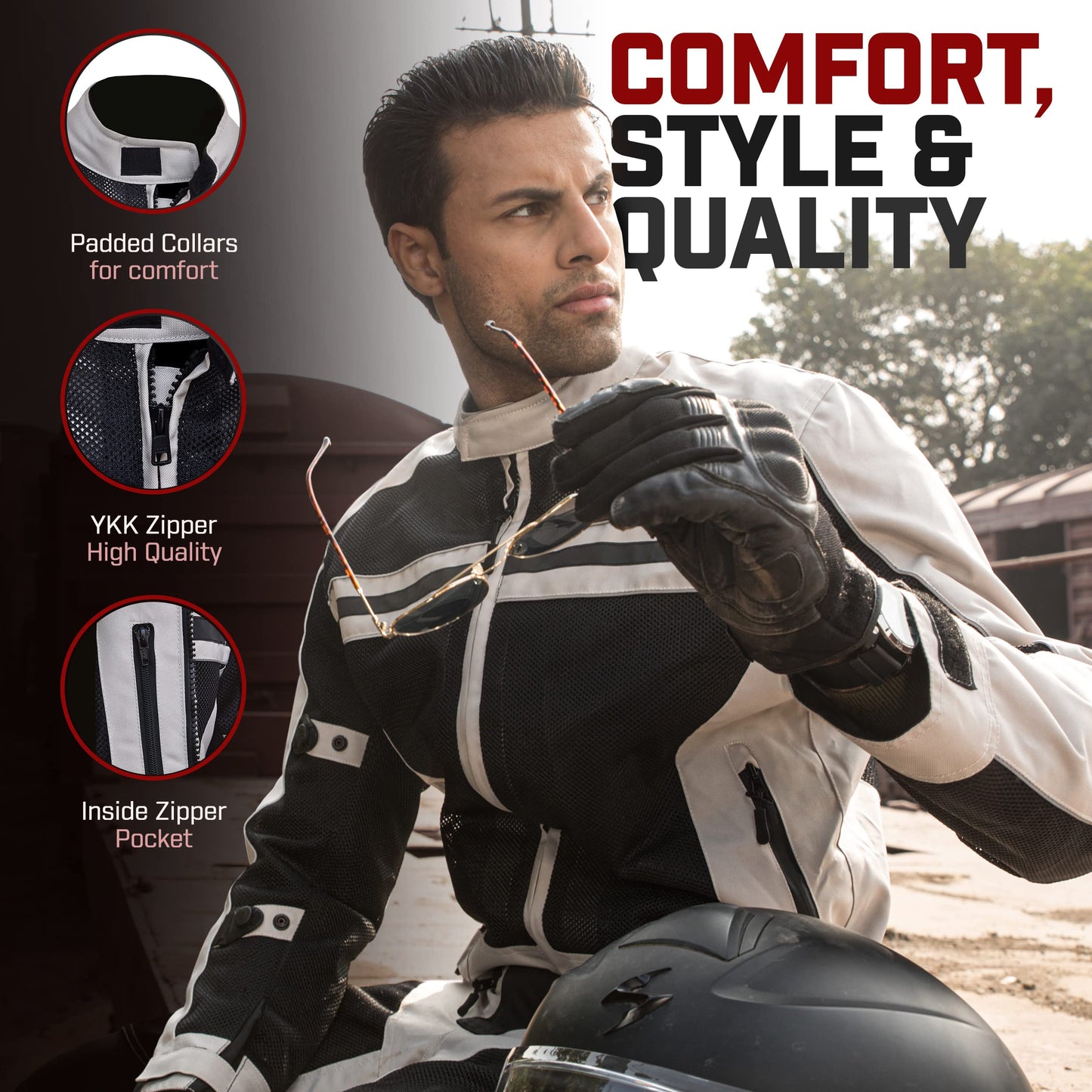 WICKED STOCK Motorcycle Jacket - CE Level1 Reflective Summer Biker Jacket with Adjustable Cuffs & Waist Belt - Lightweight & Comfortable Mesh Motorcycle Jacket with Armor for Men
