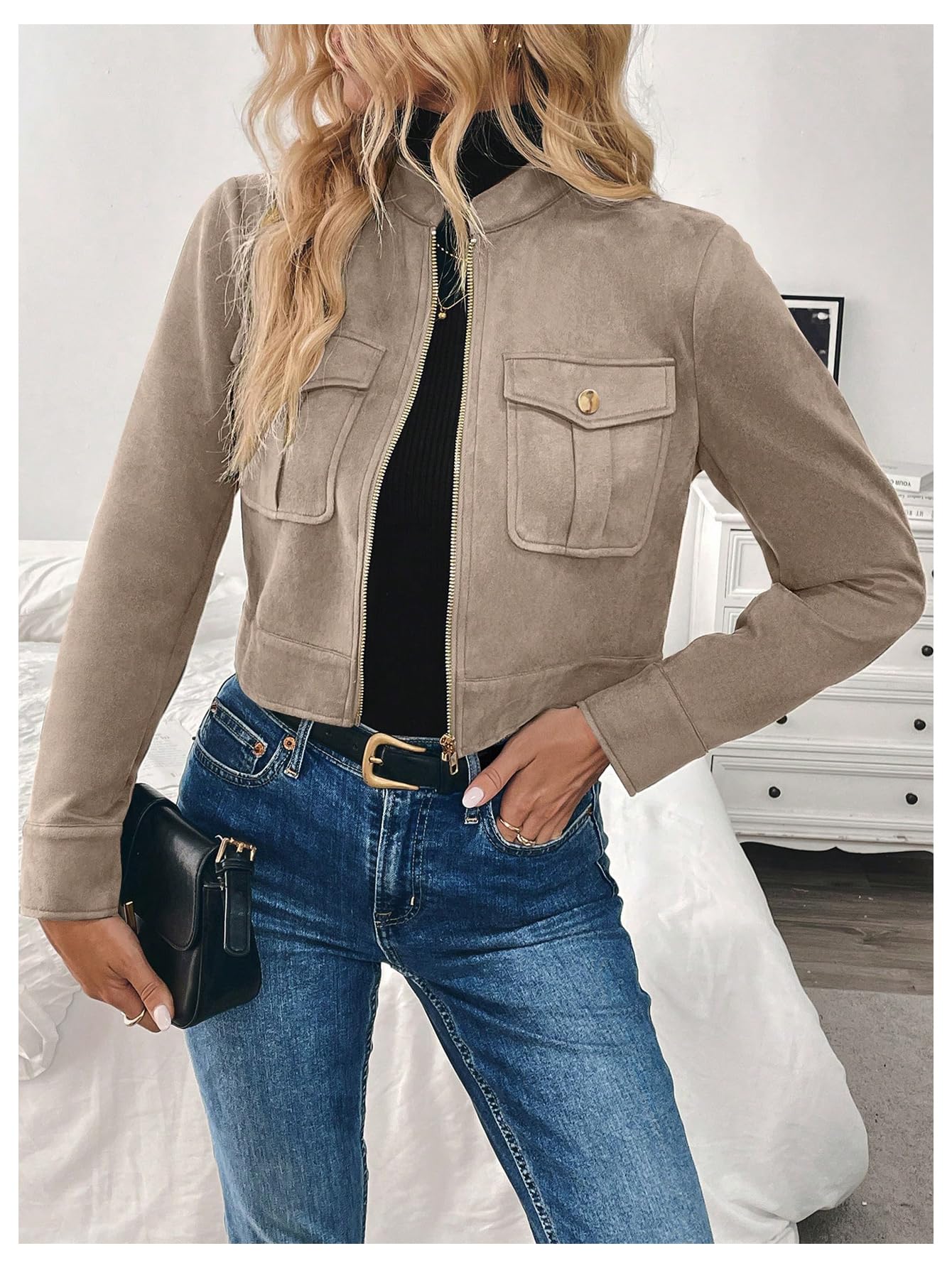 Verdusa Women's Zip Up Crop Spring Jackets Faux Suede Long Sleeve Motorcycle Cargo Jacket with Pockets Apricot Medium