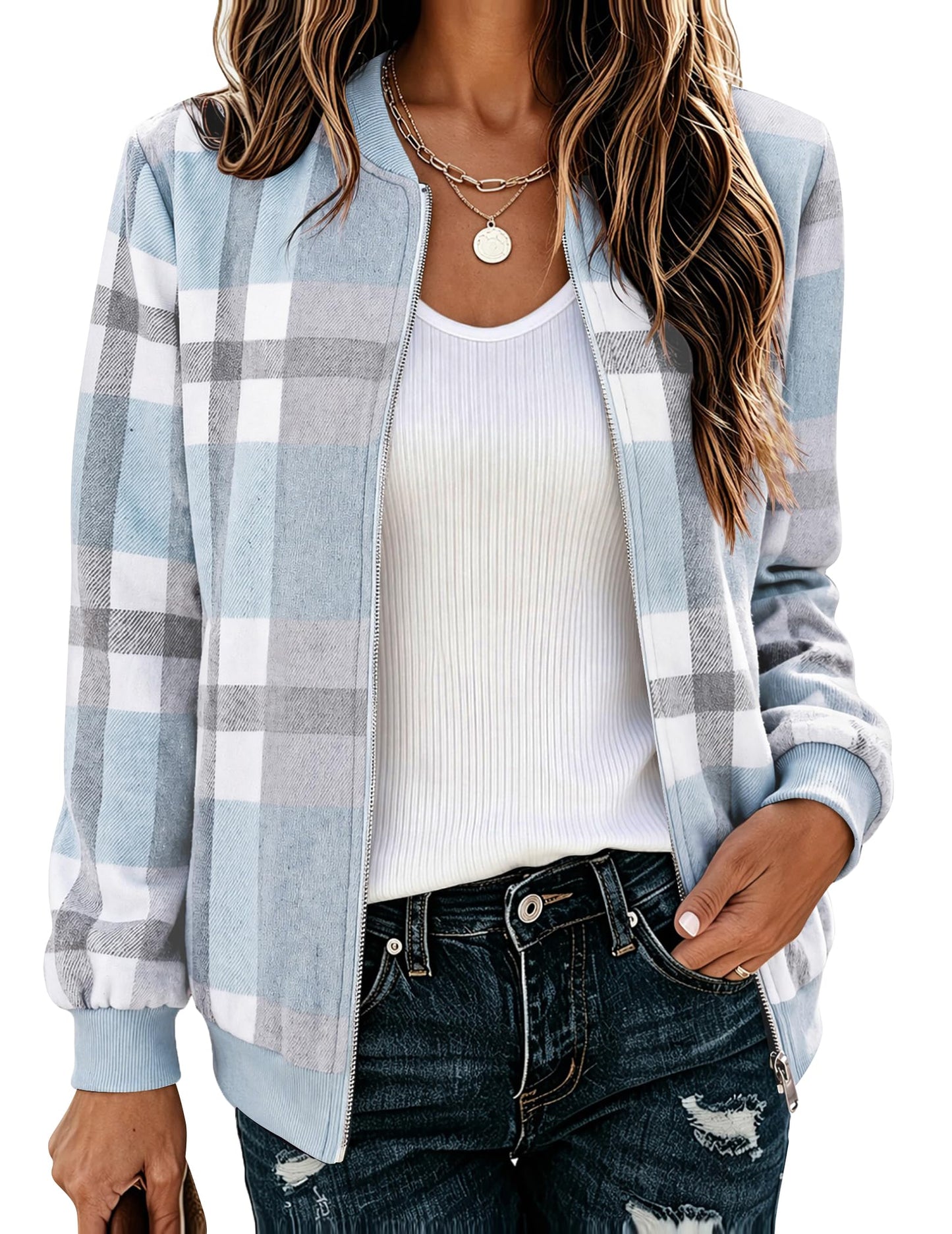Zeagoo Womens Jackets Fall Flannel Bomber Jacket Lightweight Plaid Coats