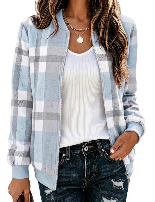 Zeagoo Womens Jackets Fall Flannel Bomber Jacket Lightweight Plaid Coats