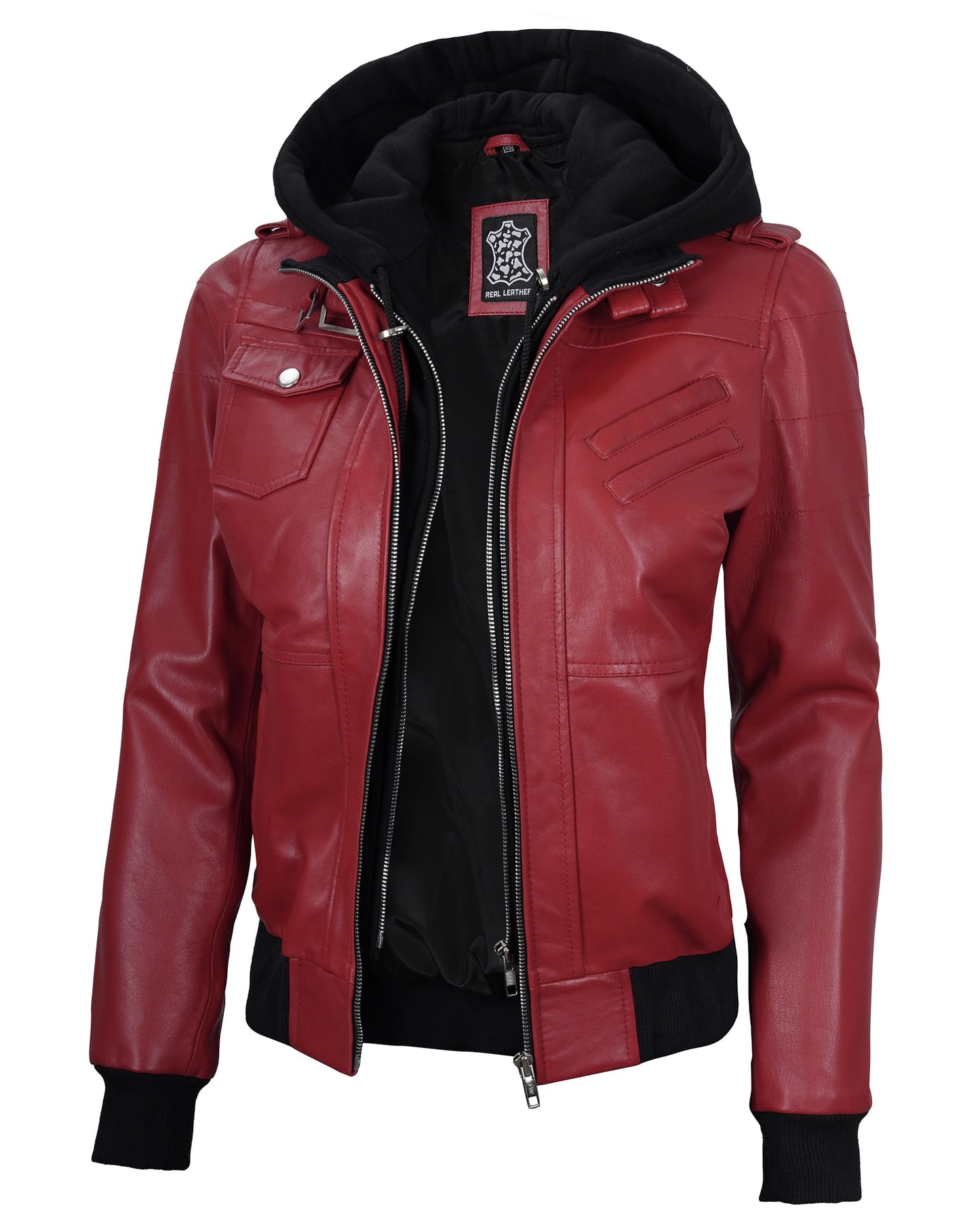 Decrum Hooded Leather Jacket - Leather Bomber Jacket for Women | [1327035] Edinburgh Red, XL