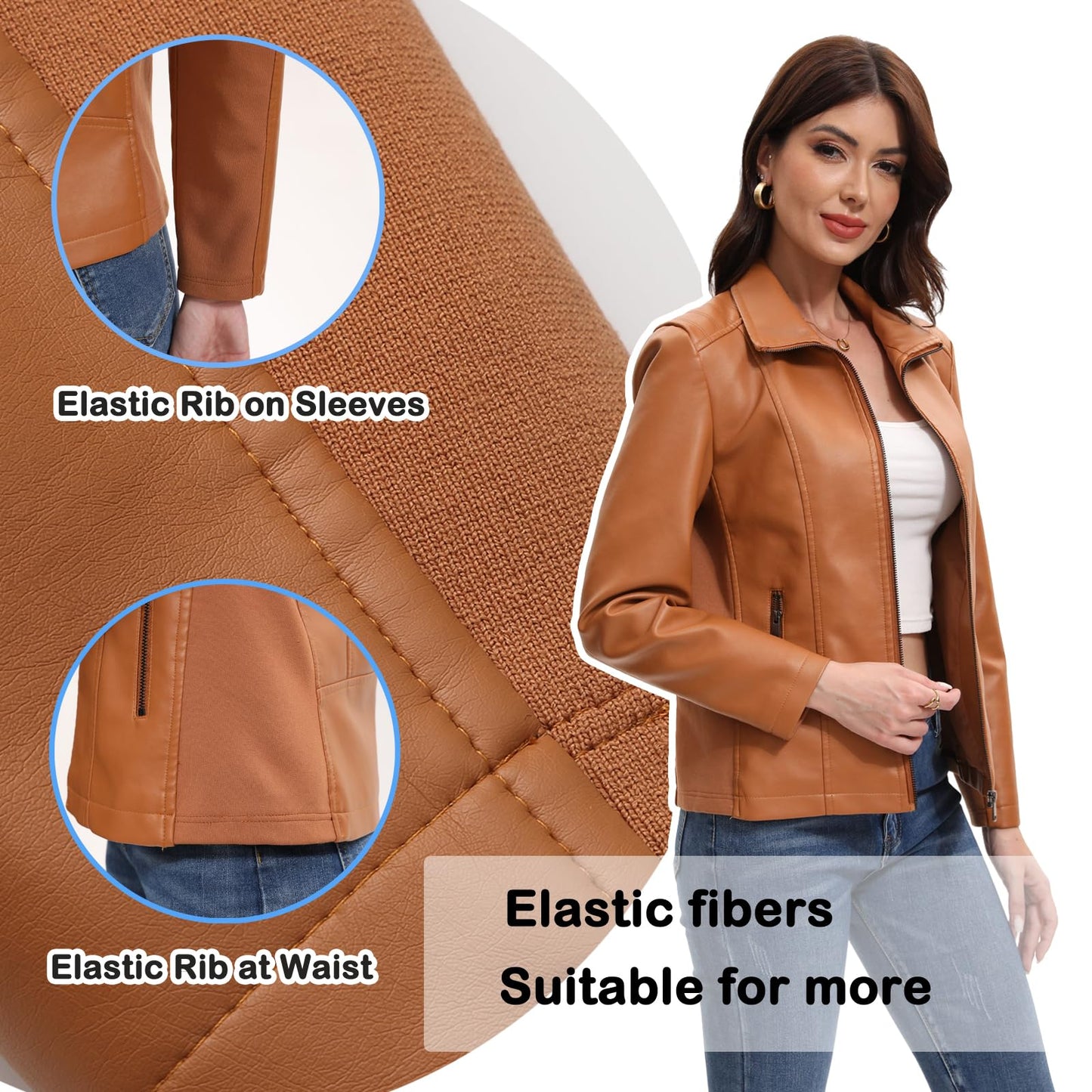 Faux Leather Jacket for Women Motorcycle Fashion Zip Up Coat Trendy Going Out Jackets (Camel,Medium)