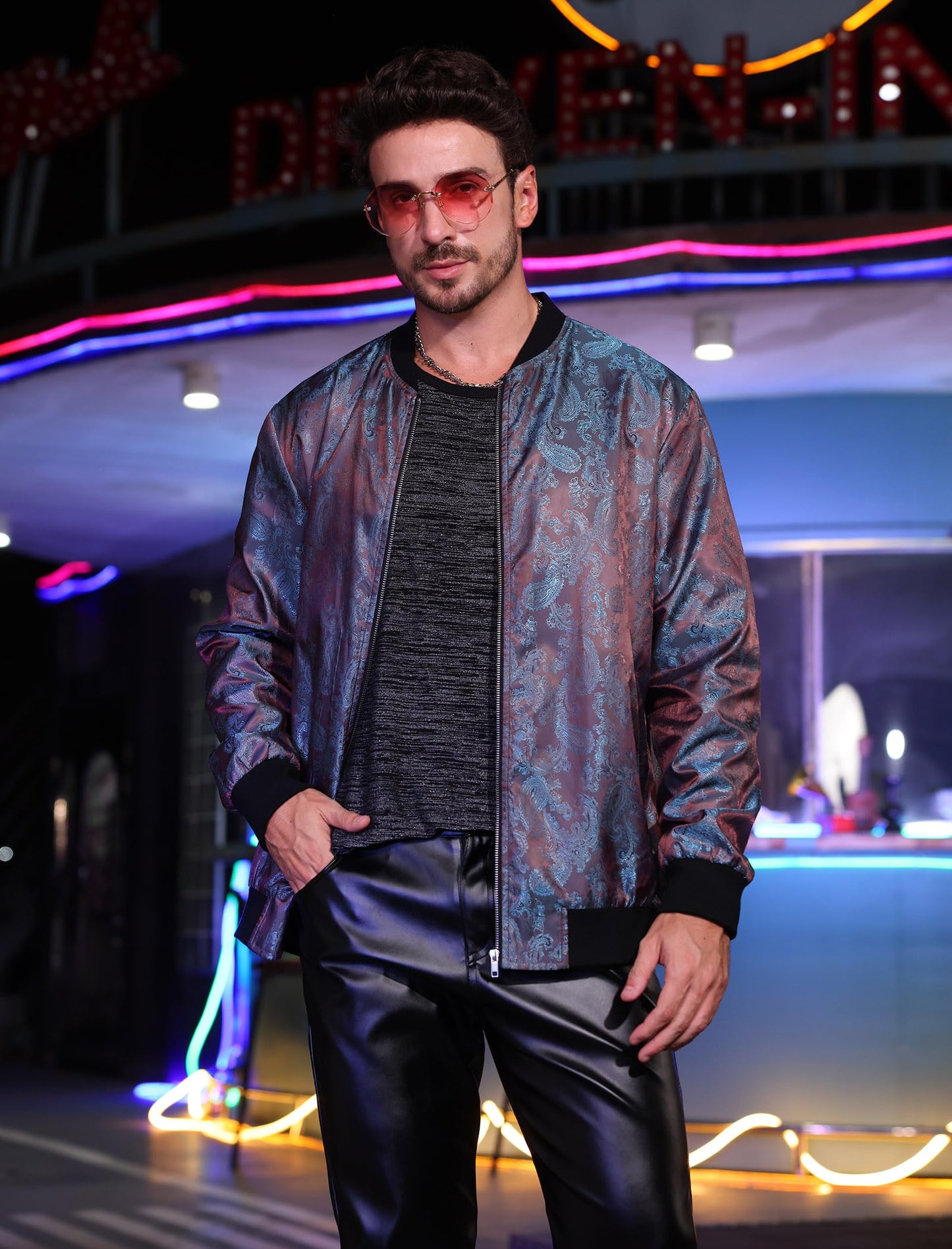 Bomber Jacket Windbreaker Jackets Men 70s Disco Men Long Sleeve Zip Up Varsity Jacket Stand Collar Coat With Pockets Nightclubs Leisure Holiday Fall Winter Chaqueta Bomber Para Hombre Purple-Blue S
