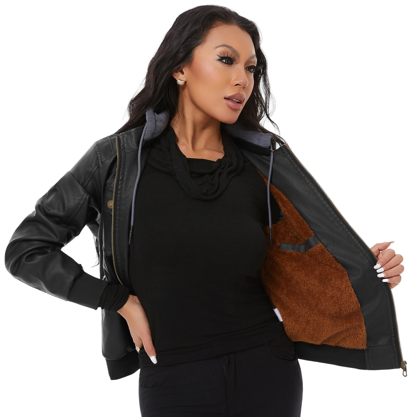 KVE Women's Faux Leather Jacket Waterproof Motorcycle Bomber Jacket Vintage PU Moto Biker Coat Black Small