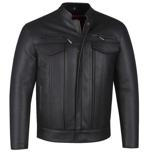 COMMUTER Men's Motorcycle Jacket, Premium Buffalo Leather, CE Armor - Ventilation, Utility Pockets, Cruiser Biker Black XL