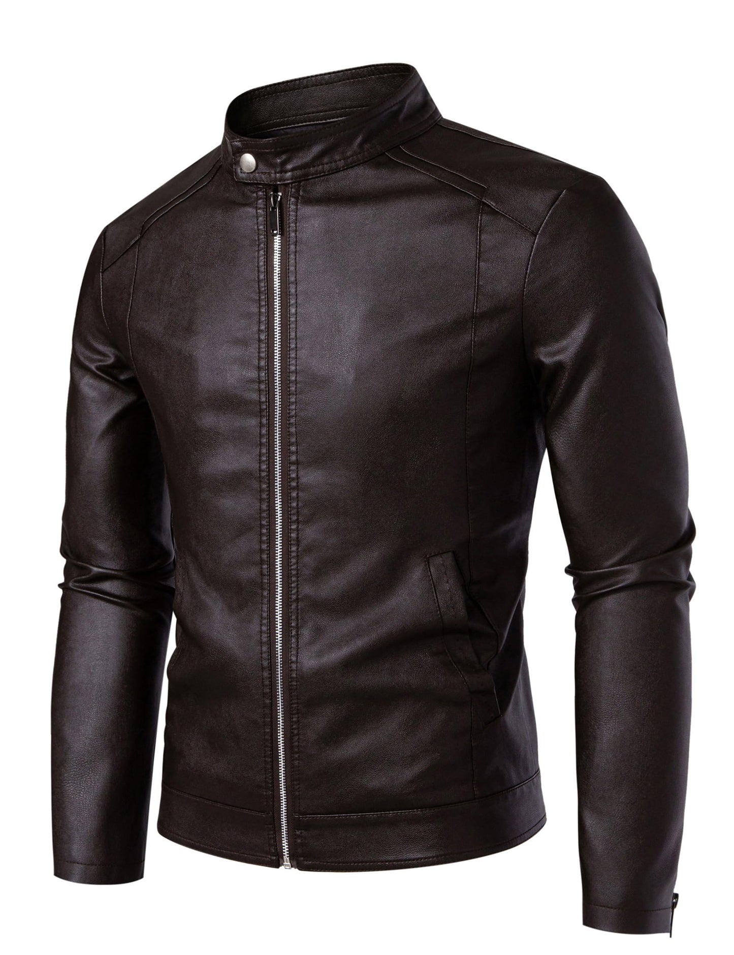 Dark Brown Leather Jacket Men Faux Leather Motorcycle Jackets Biker Coat L