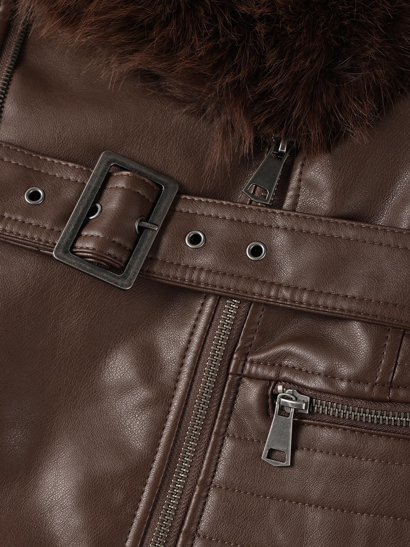 Bellivera Women's Faux Leather Jacket Moto Sherpa-Lined Coat Brown L