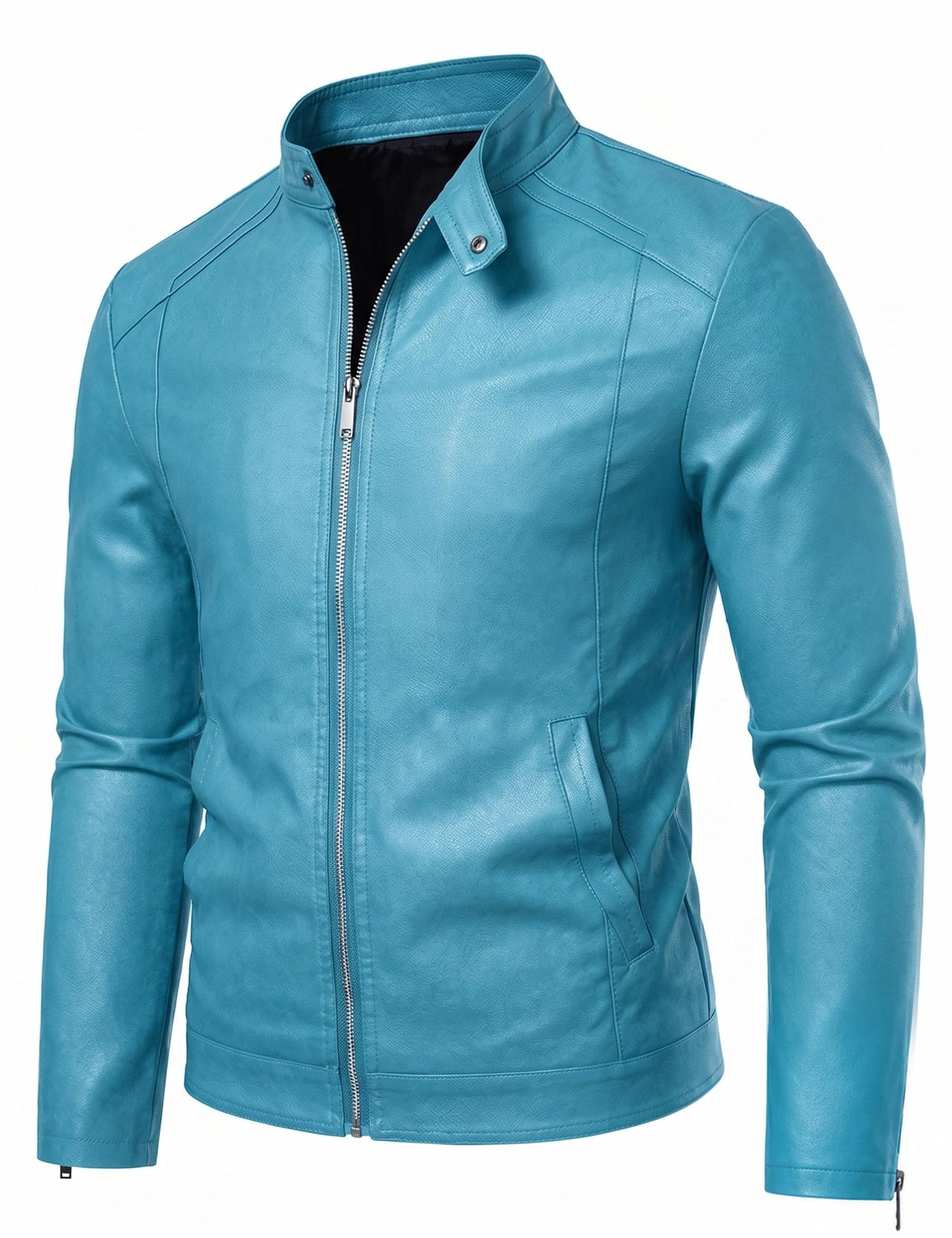 Blue Leather Jacket Men Faux Leather Motorcycle Stand Collar Biker Coat L