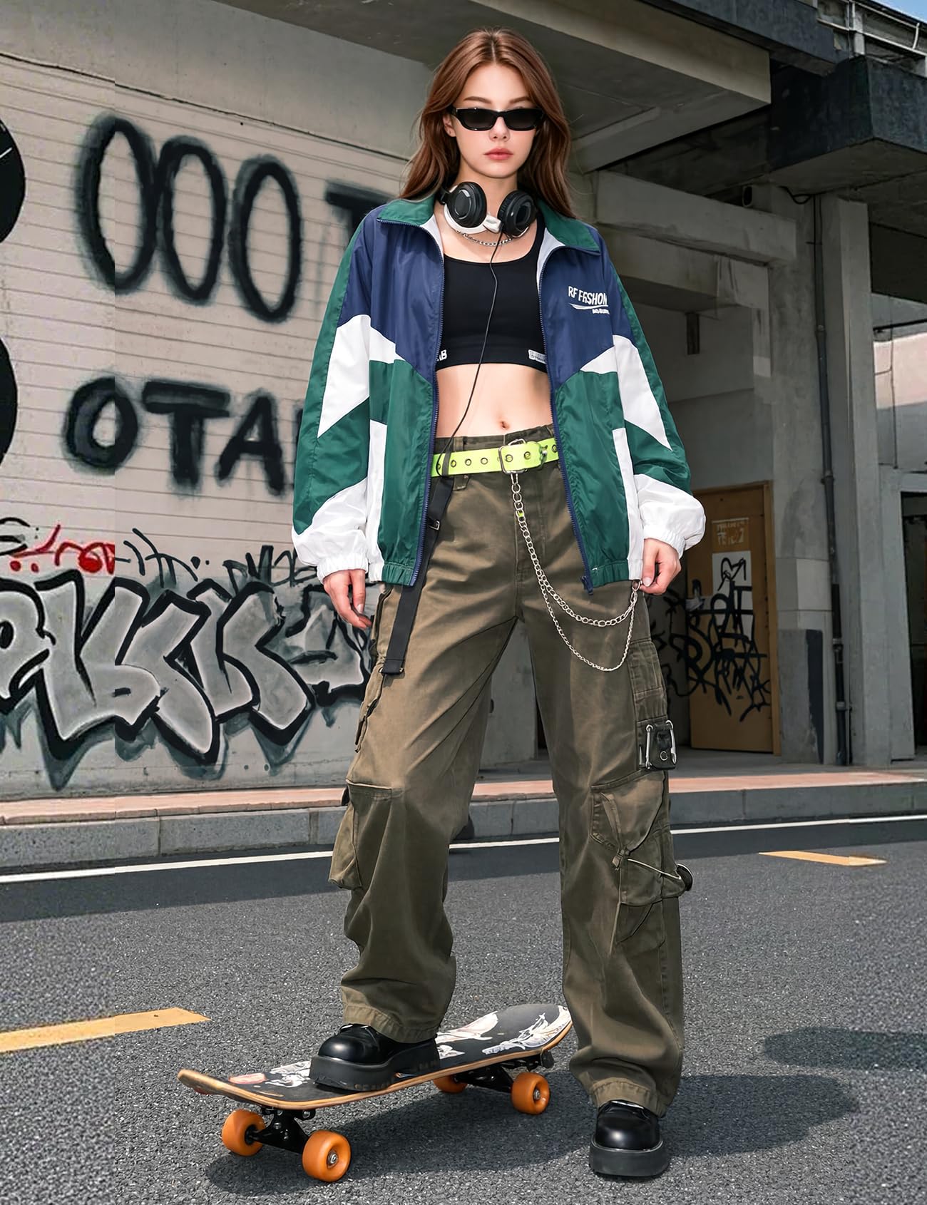 Wyeysyt Women Windbreaker Jacket Y2k Varsity Oversized Jacket(Green-L)