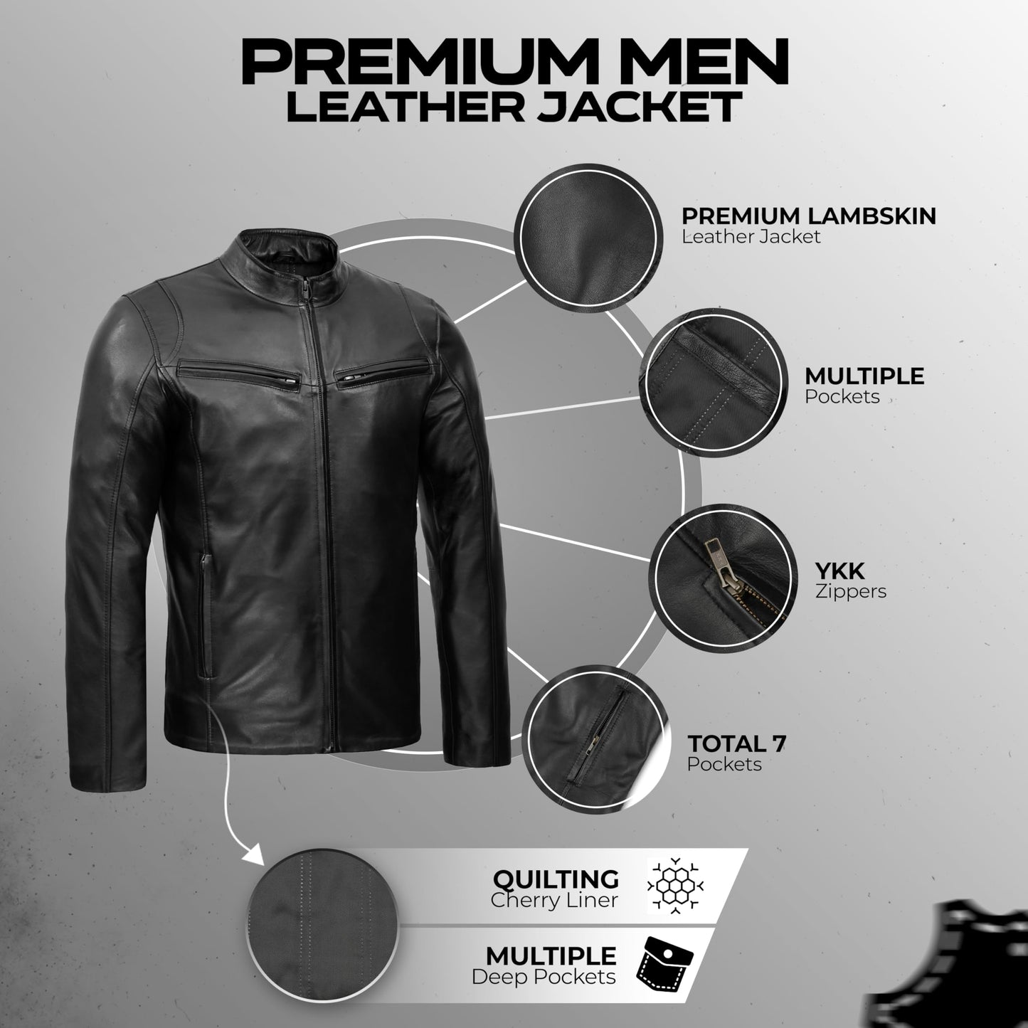 Leatherick Men's Genuine Lambskin Leather Motorcycle Jacket - Full-Grain Black Biker Jacket with Zipper and Multiple Pockets (US, Alpha, Medium, Regular, Regular, Black)