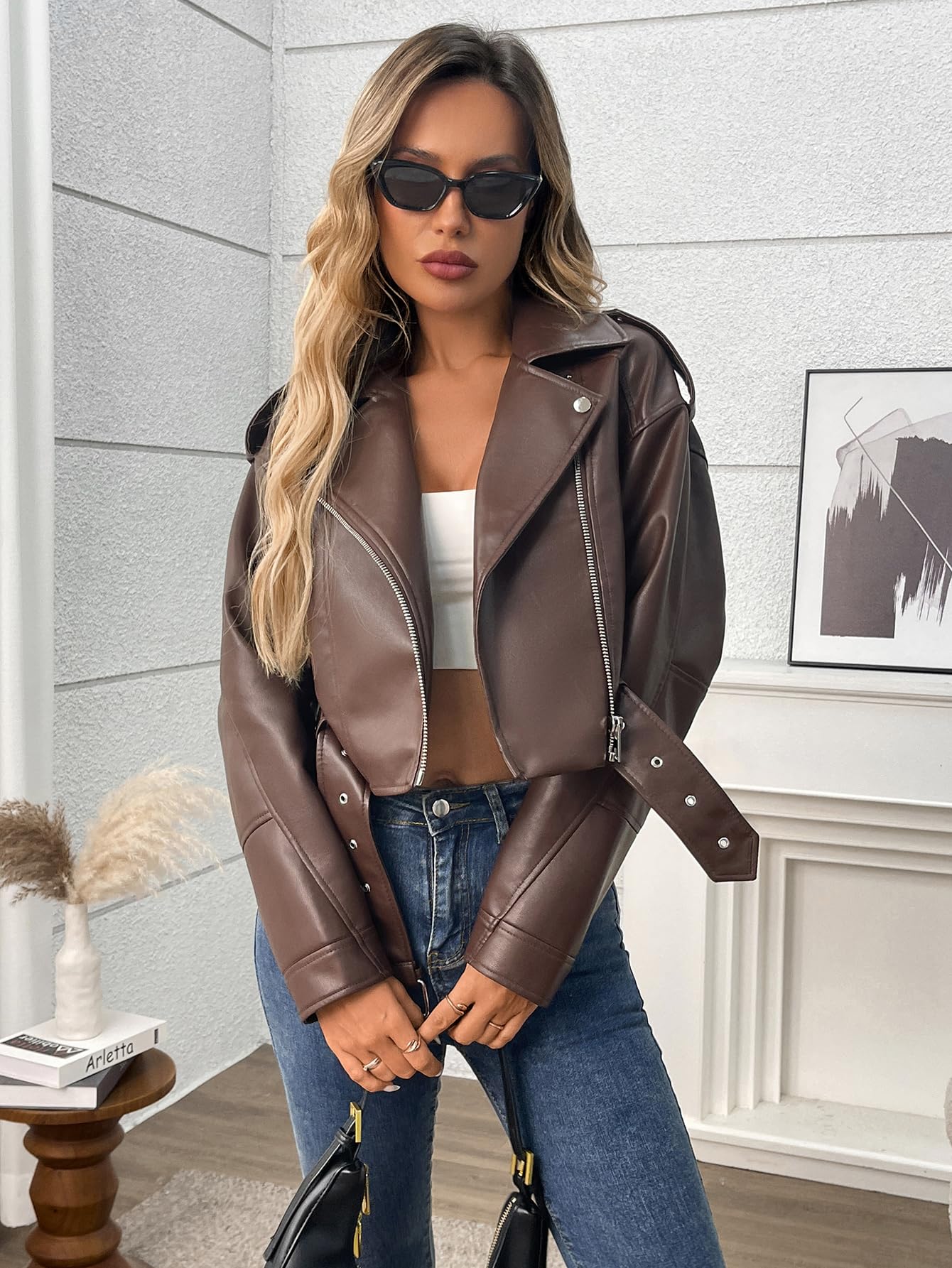 LY VAREY LIN Women Faux Leather Cropped Jacket Vegan Motor Biker Coat with Belt