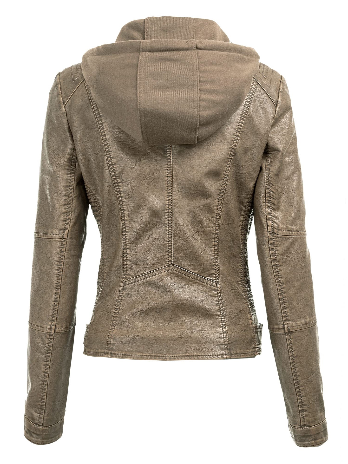 Made By Johnny MBJ Womens Faux Leather Quilted Motorcycle Jacket with Hoodie L Khaki