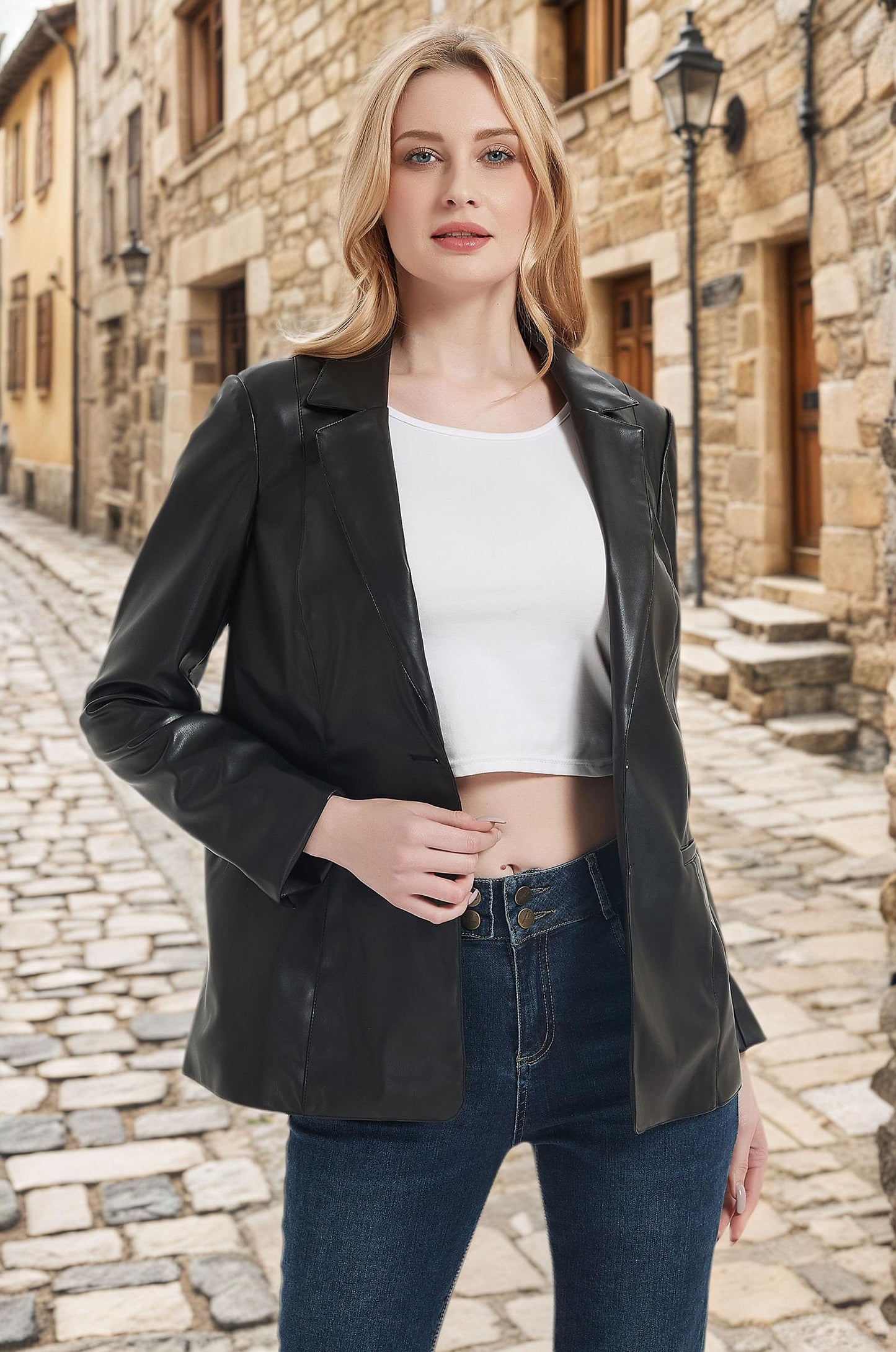 RISISSIDA Women Faux Leather Blazer Jacket,Soft PLeather PU Coat,Black,S