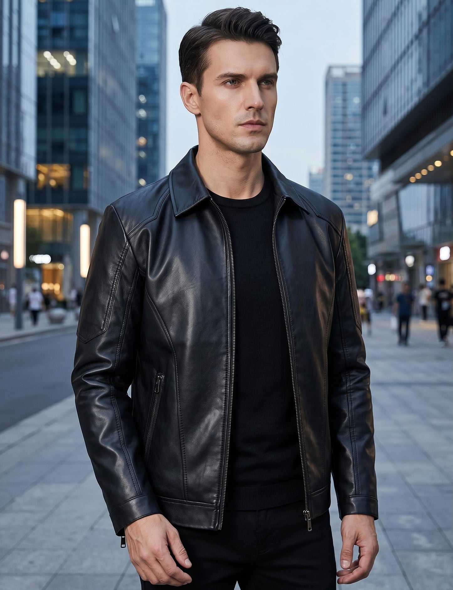 Zbrandy Mens Leather Jacket Faux Leather Motorcycle Jackets Turn Down Collar Biker Coat Outwear Black L