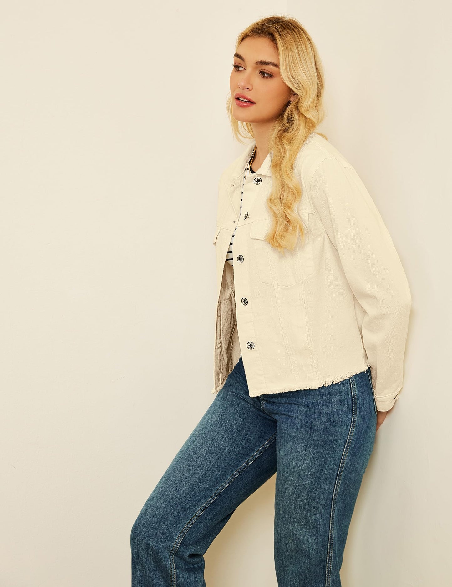 luvamia Denim Jacket for Women Distressed Jean Jackets Button Up Vintage Western Trucker Jacket Frayed Hem Pockets Vanilla Medium