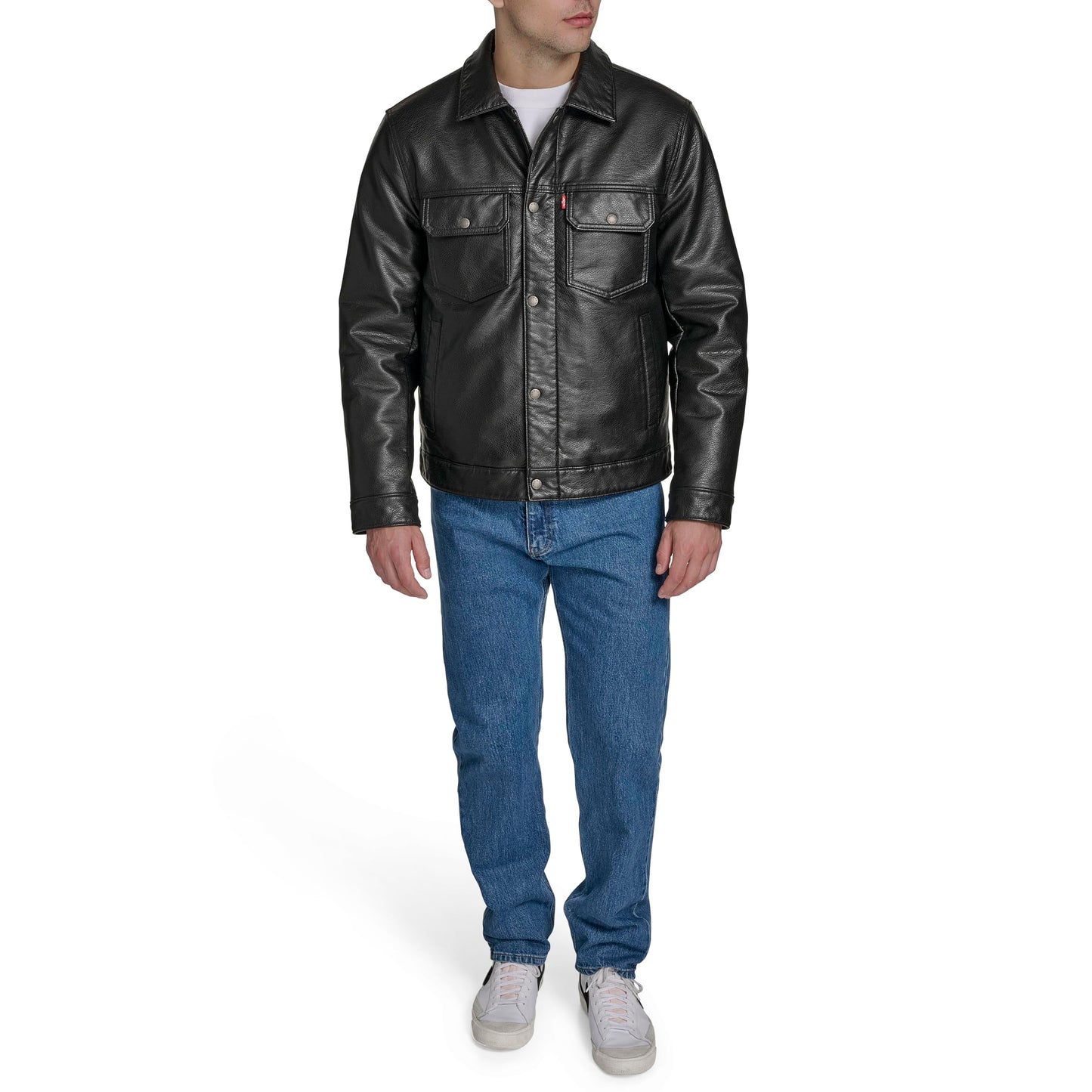Levi's Men's Faux Leather Trucker Jacket with Quilted Lining, Black, Medium