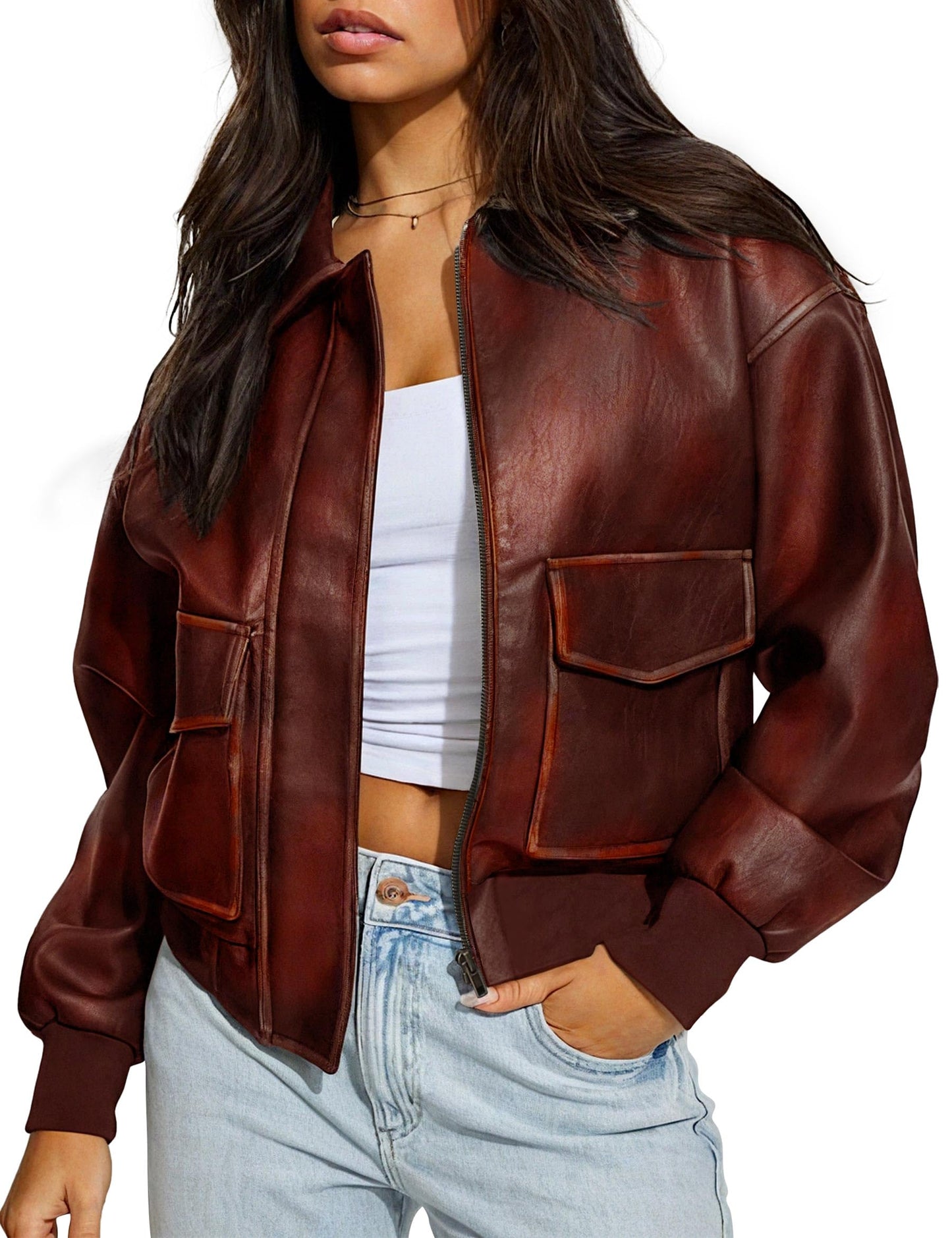 Nitzana Women's Faux Leather Jacket Trendy 2026 Oversized Zip Up Motorcycle Bomber Jacket Coats Fall Winter Outerwear Wine M