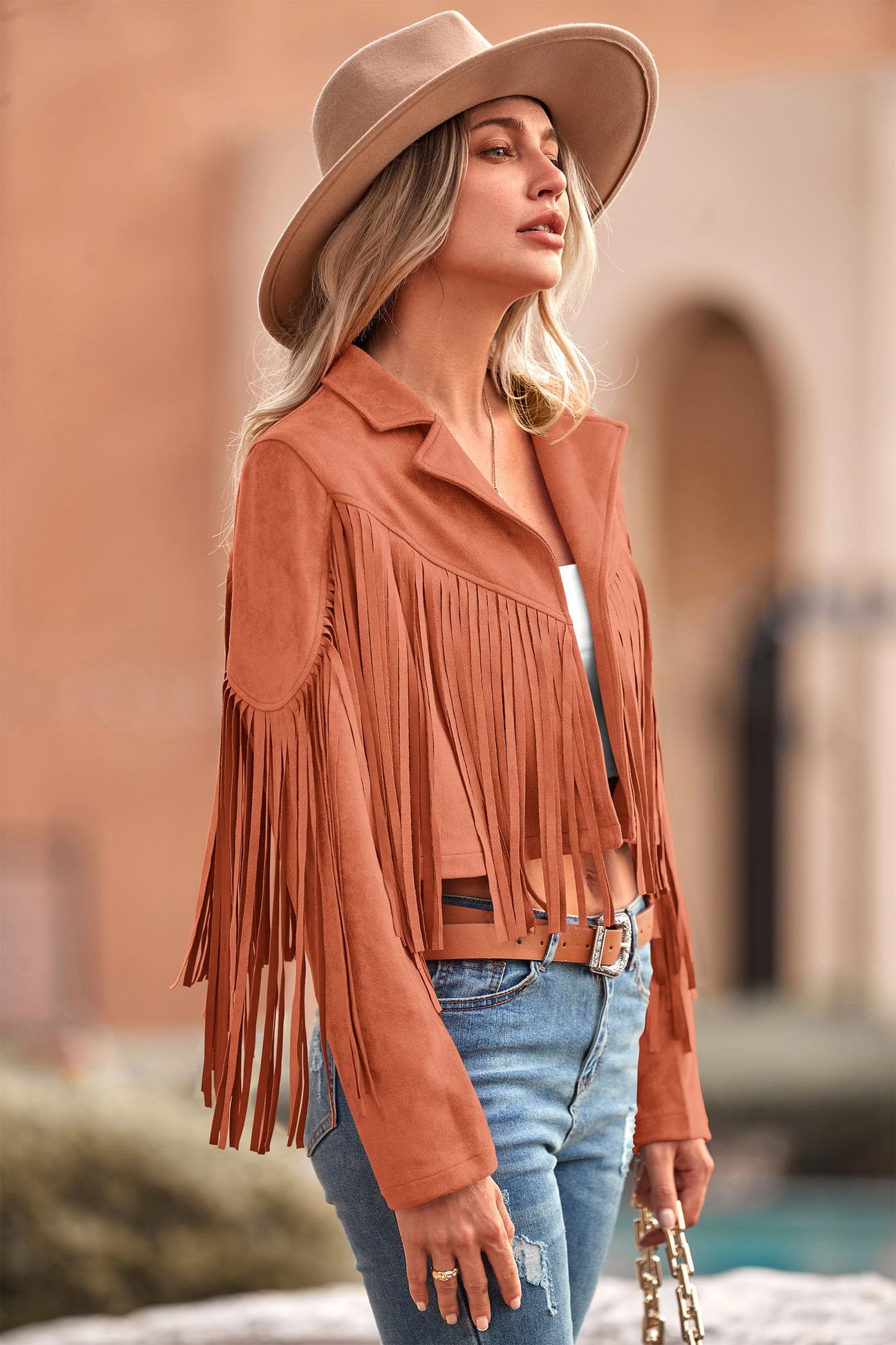 PRETTYGARDEN Women's Fringe Faux Suede Leather Jackets,Orange,XL