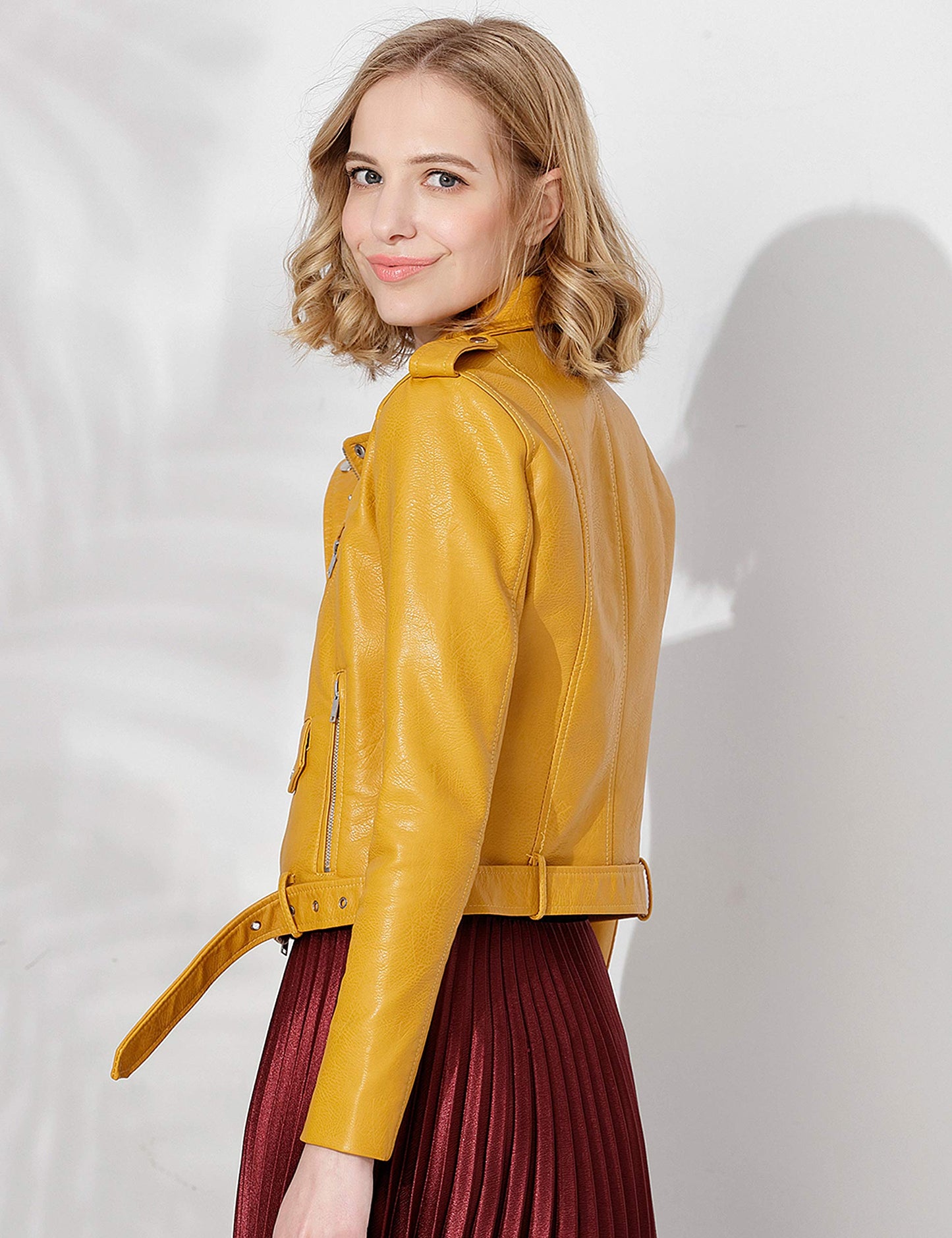 Jhichic Women's Faux Leather Textured Short Moto Jacket Zip-up Slim PU Biker Coat with Pockets (Yellow, XL)