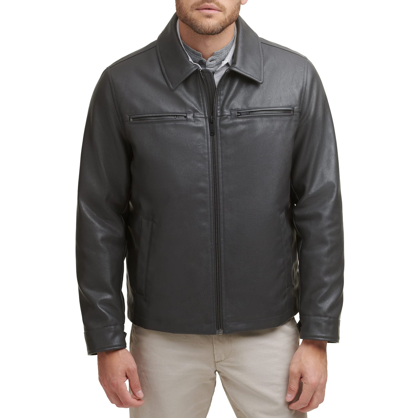 Dockers Men's James Faux Leather Jacket, Grey w. Chest Zip, Medium