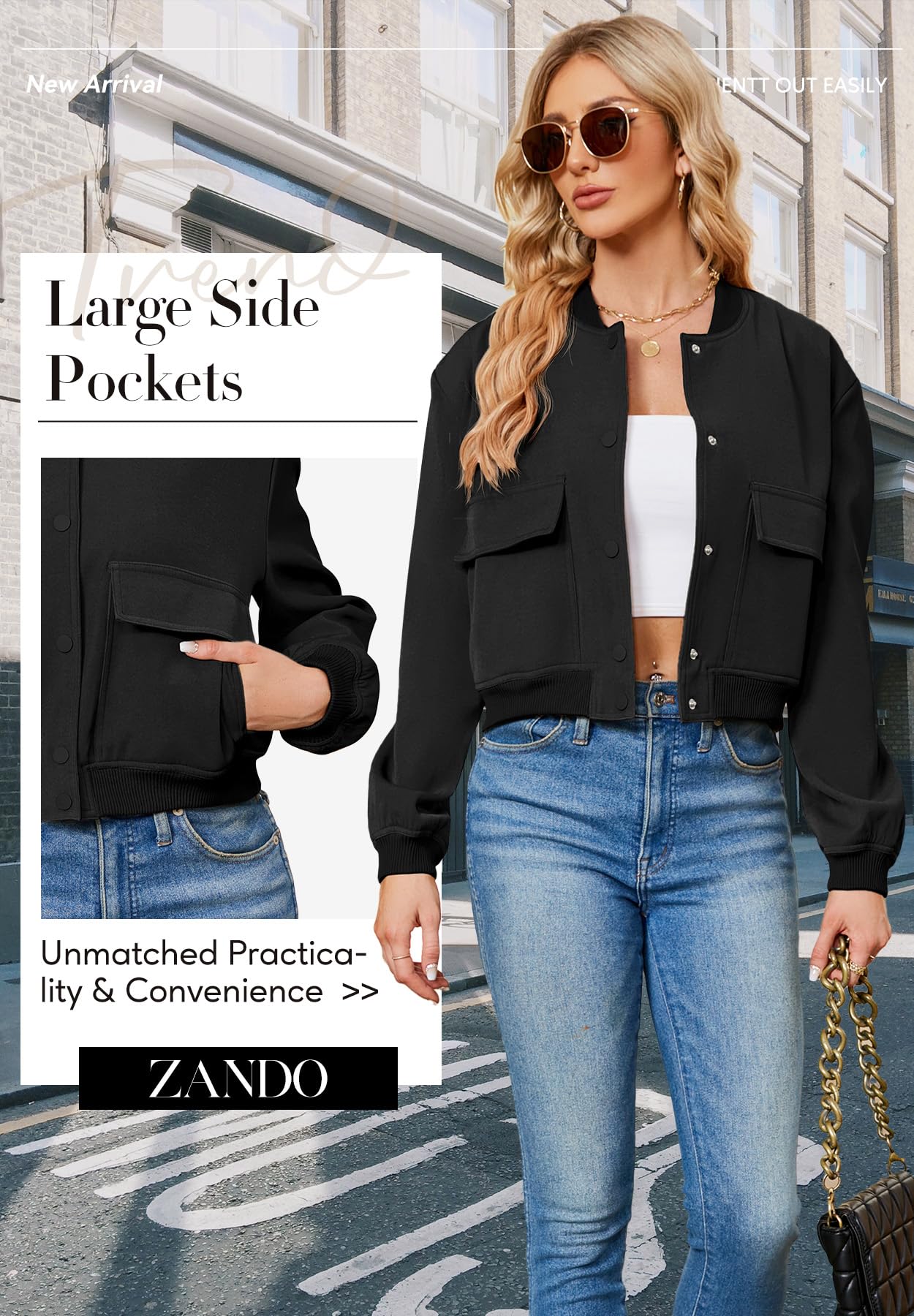 Zando Black Cropped Jacket Women Short Casual Varsity Jackets Women 2026