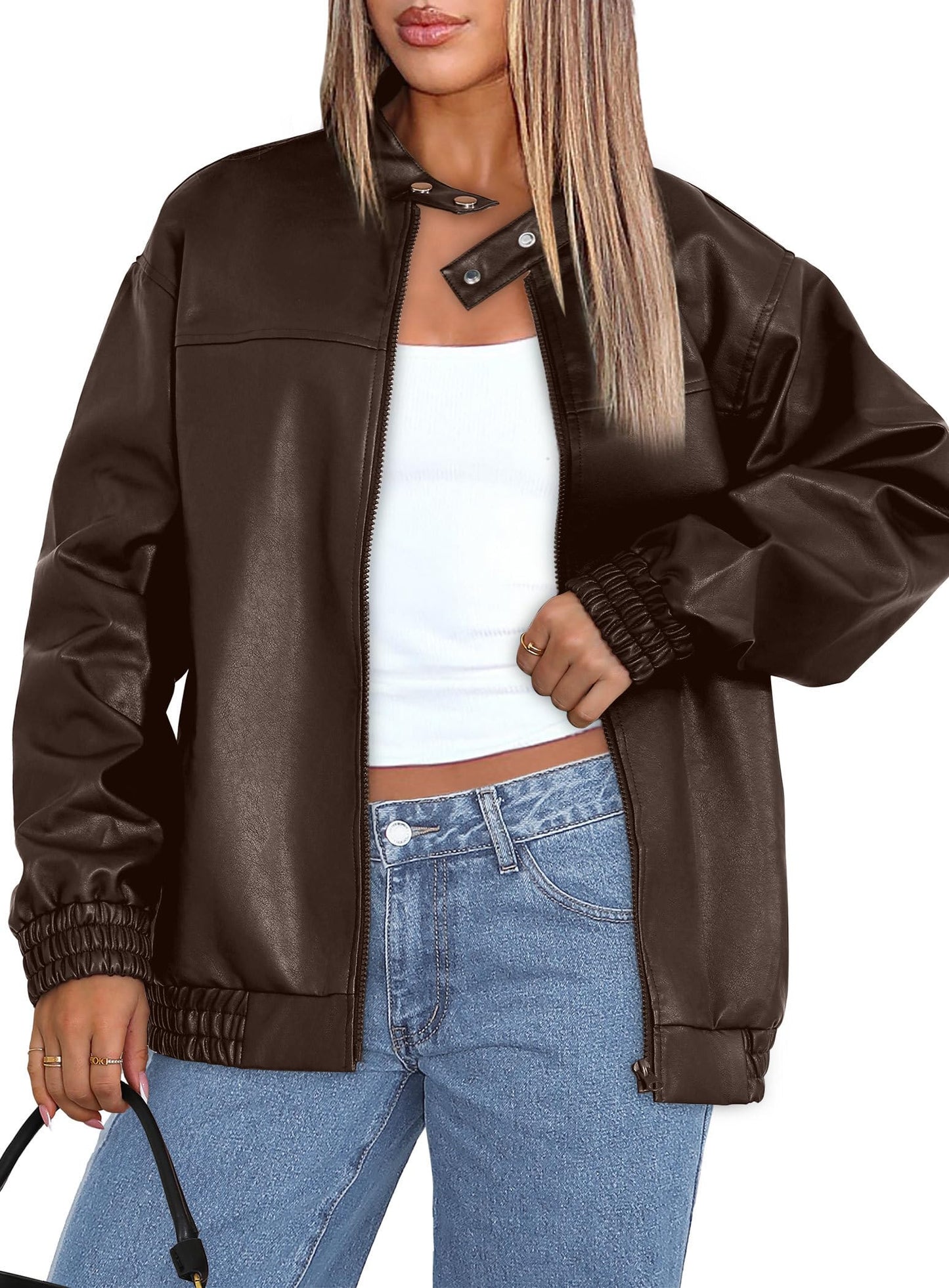 Sampeel Leather Jacket Women Faux Oversized Motorcycle Bomber Coats 2025 Fall Fashion Outfits Winter Clothes Trendy Cute Dark Brown M