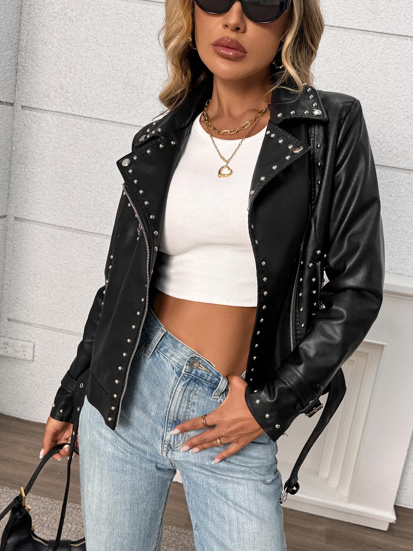 LY VAREY LIN Studded Faux Leather Moto Jacket Women Black PU Biker Coat with Rivets Punk Style