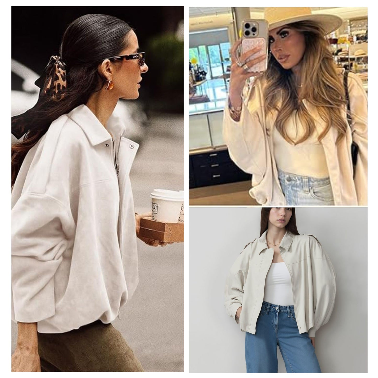 Xunger Women's Faux Suede Bomber Jacket Spring Lapel Pilot Coat Casual Oversized Long Sleeves Trendy Streetwear Outerwear(1026-01BeigePocket-L-RD)