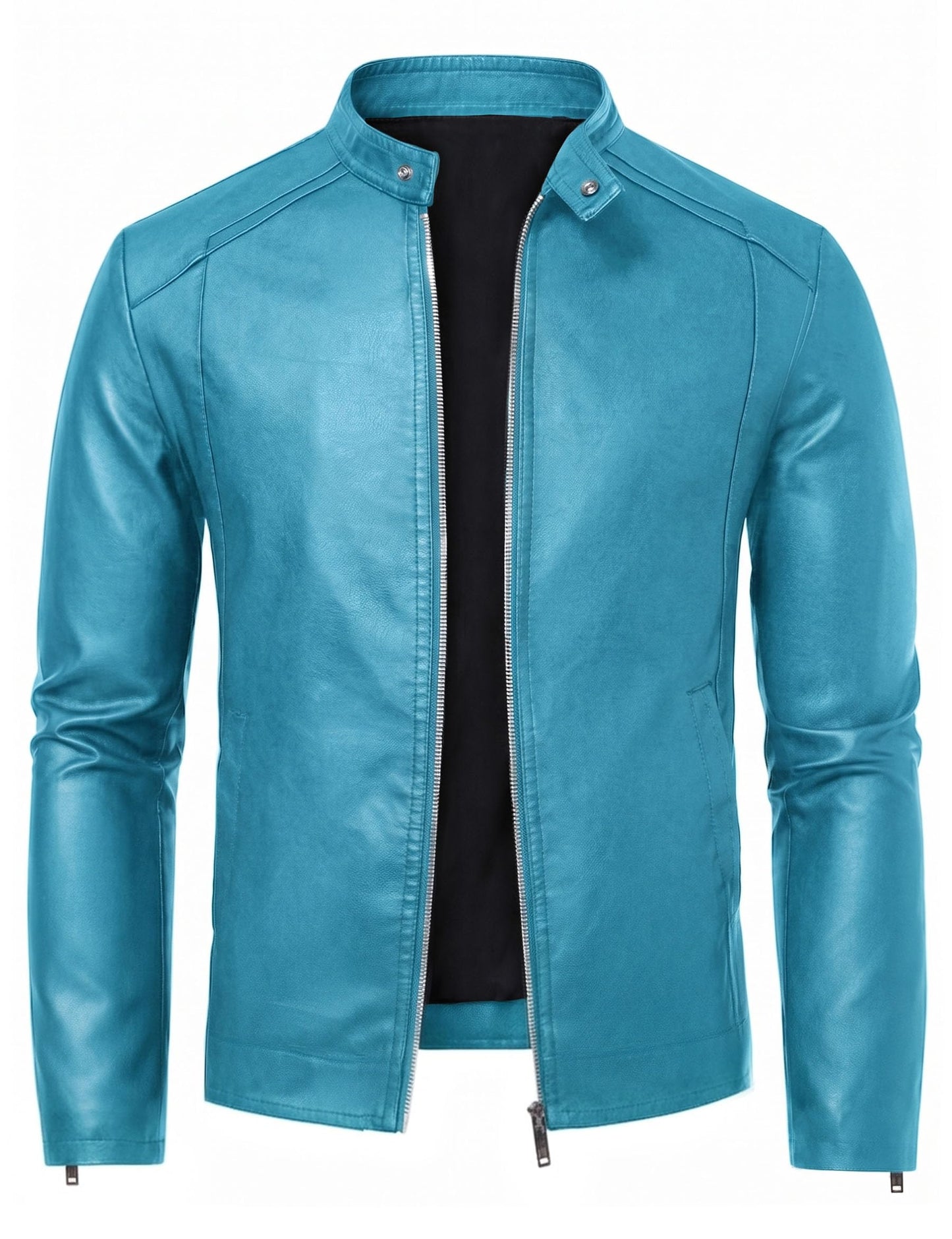 Blue Leather Jacket Men Faux Leather Motorcycle Stand Collar Biker Coat L