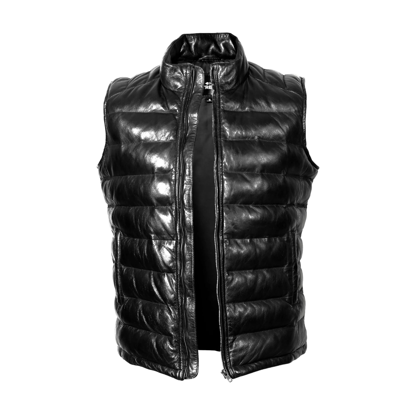 STREGA Men's Lambskin Leather Quilted Puffer Vest – Real Leather Sleeveless Jacket Men | Genuine Leather Down Waistcoat in Black – Medium