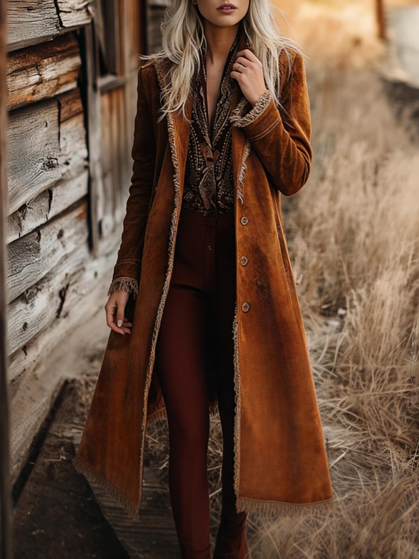 utcoco Women's Long Suede Trench Coat, Retro Western Coat with Tassel, Classic Lapel Windproof Trench Overcoat (Large, Brown)
