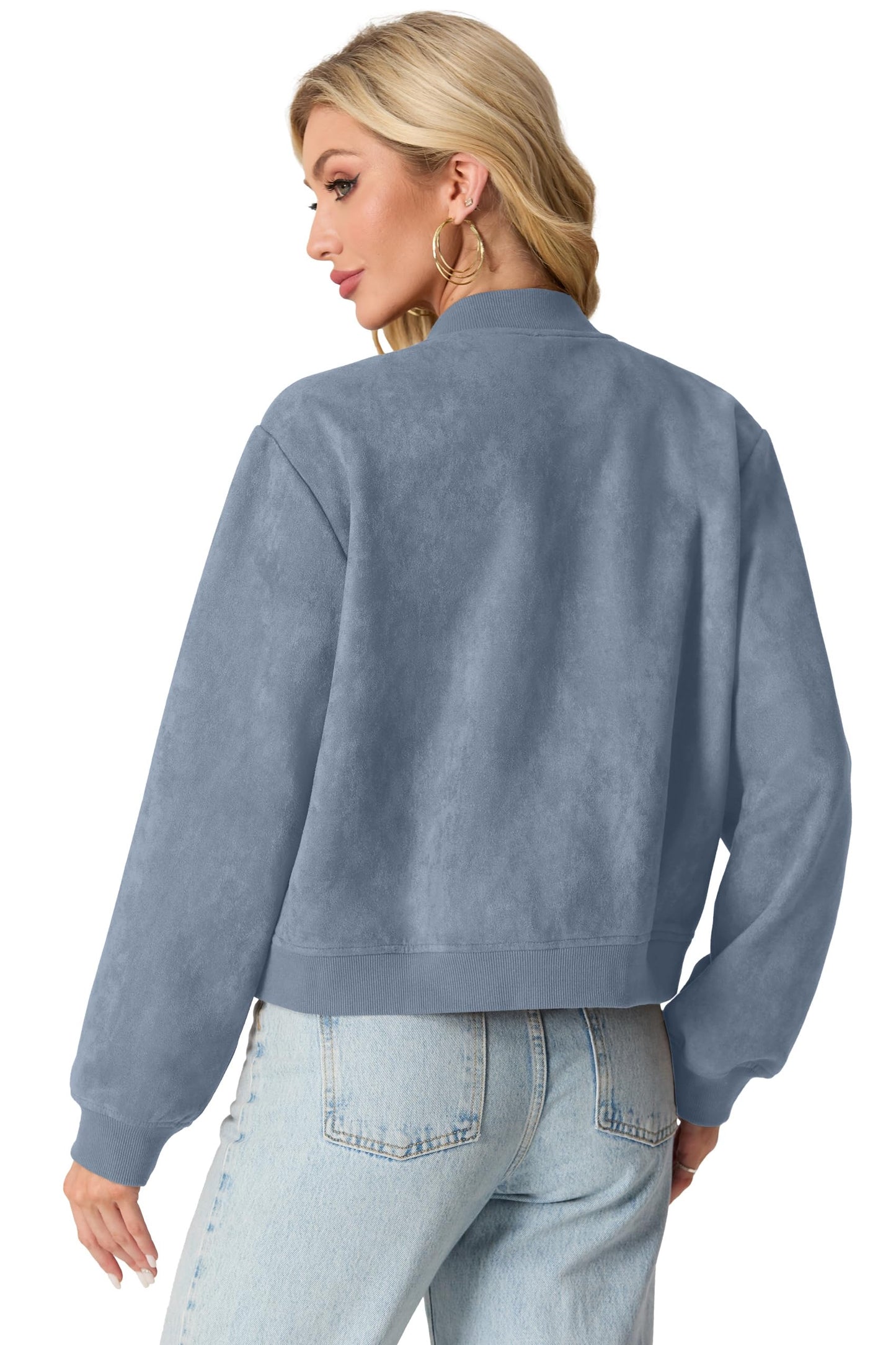 GRECERELLE Womens Bomber Jacket Cropped Button Down Varsity Jacket Long Sleeve Casual Outwear With Pockets (Denim Blue, Medium)