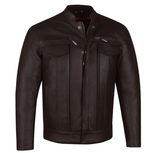 COMMUTER Men's Motorcycle Jacket, Premium Buffalo Leather, CE Armor - Ventilation, Utility Pockets, Cruiser Biker Brown L
