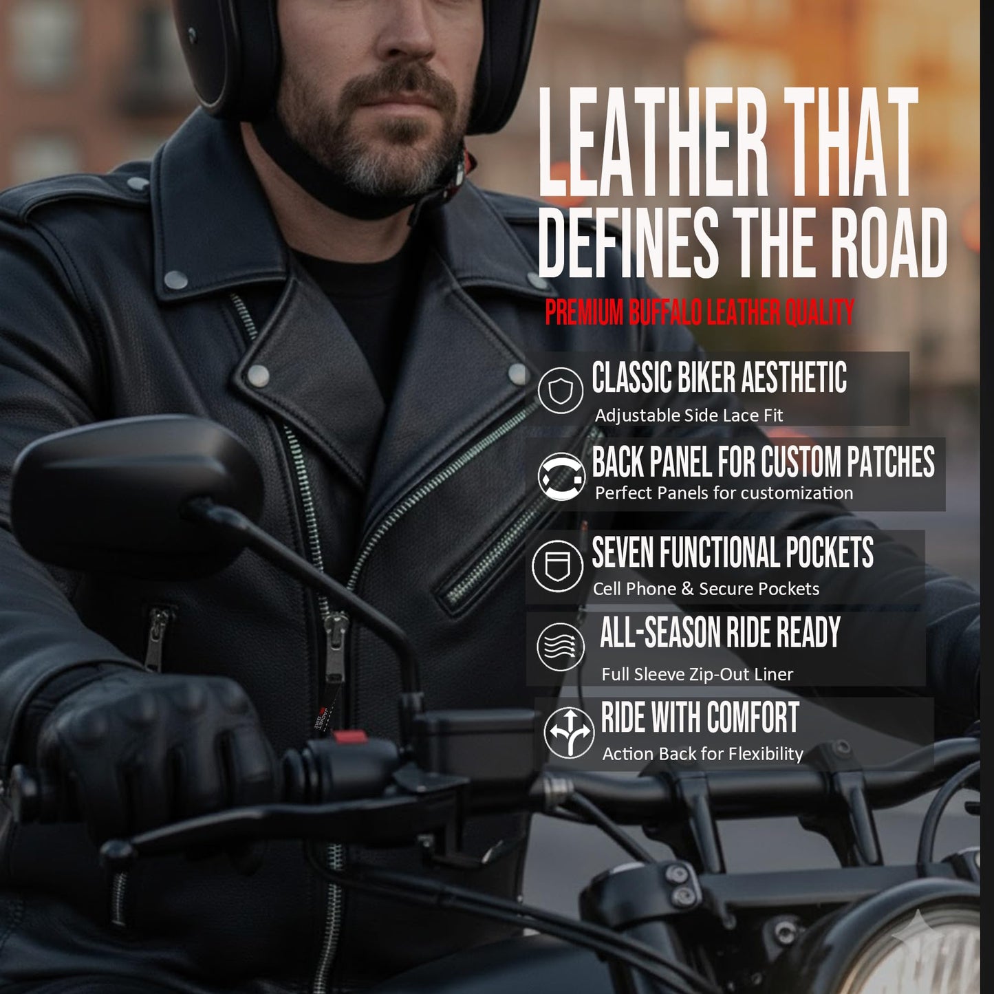 ICONIC Motorcycle Jacket for Men, Premium Buffalo Leather, Insulated Liner, Classic Side Laces, Cruiser Biker Black L