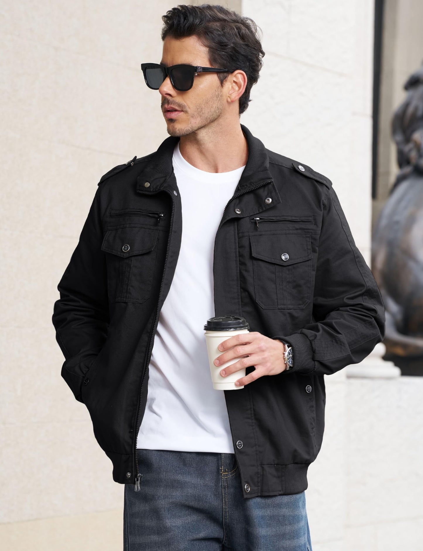 EKLENTSON Mens Fall Flight Bomber Jackets Lightweight Military Coat Black M