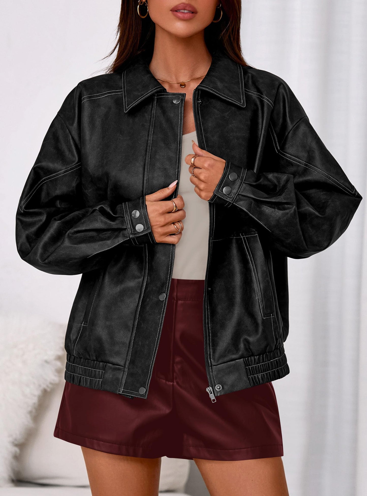 PRETTYGARDEN Faux Leather Jacket Women Bomber Motorcycle Zip Up Jackets Oversized Fall Fashion Outfits 2026 Winter Coats (Black,Medium)