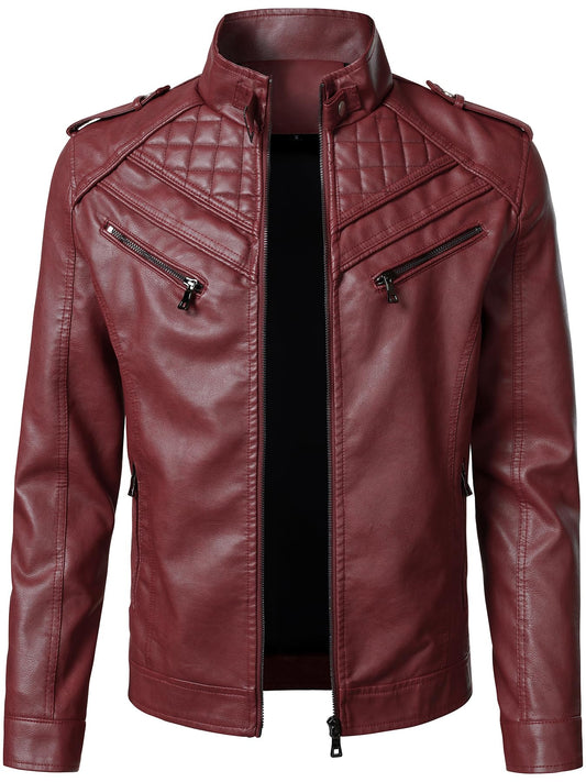 HOOD CREW Men’s Faux Leather Jackets Vintage Biker Motorcycle Jacket for Men Red M