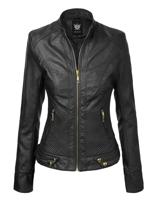 Lock and Love LL WJC747 Womens Dressy Vegan Leather Biker Jacket XL BLACK