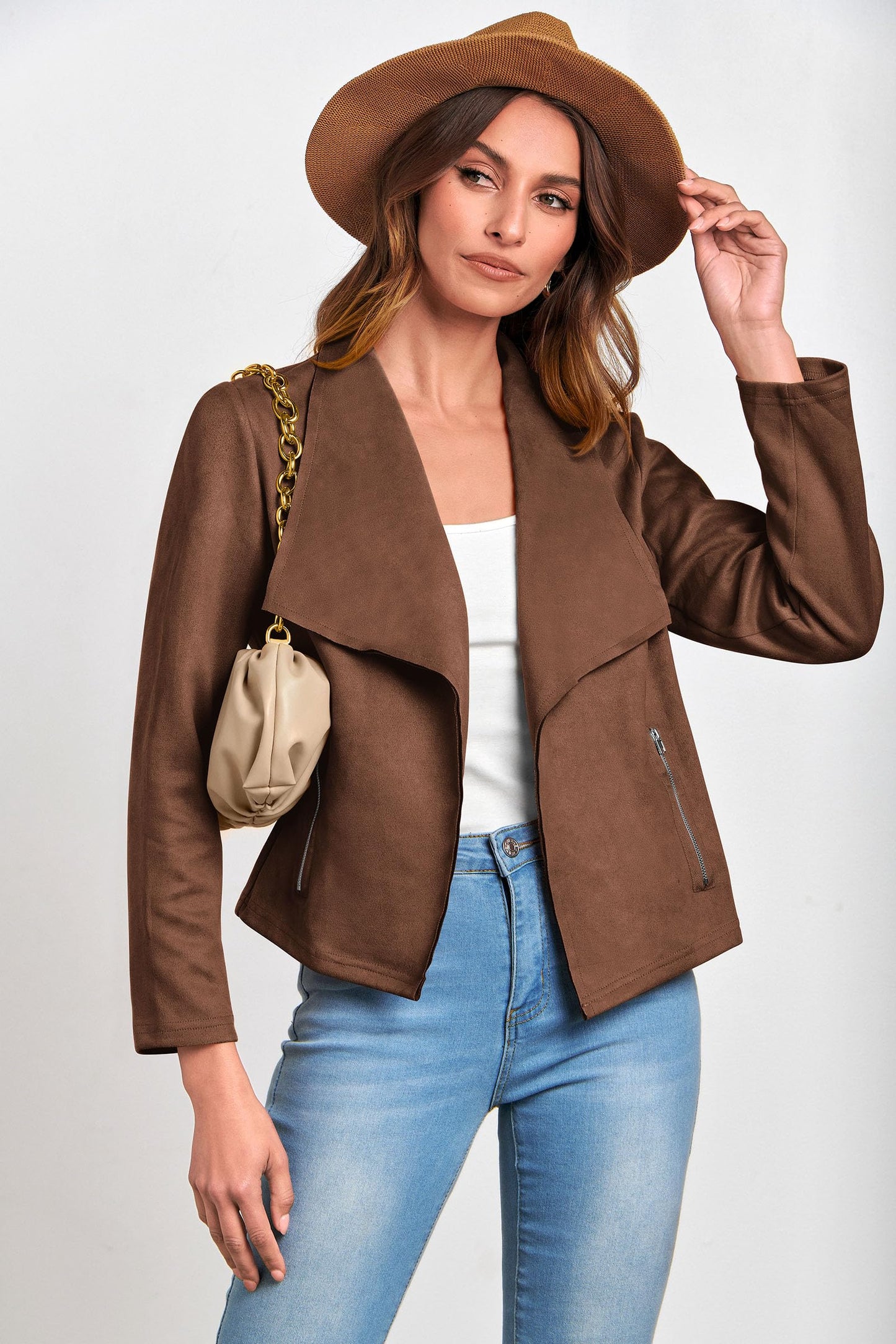 PRETTYGARDEN Women 2026 Fashion Fall Coats Outerwear Long Sleeve Open Front Crop Faux Suede Leather Jackets (Coffee,Large)
