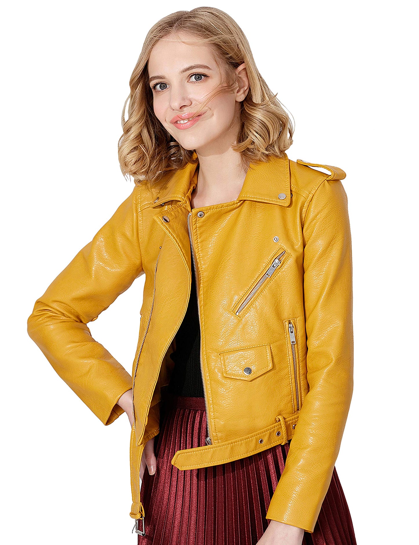 Jhichic Women's Faux Leather Textured Short Moto Jacket Zip-up Slim PU Biker Coat with Pockets (Yellow, M)
