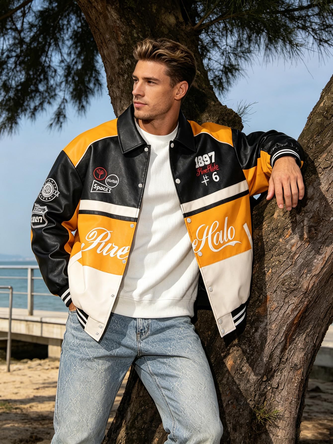RAOENJADO Men's Racing Jacket Faux Leather Race Car Motorcycle Biker Style
