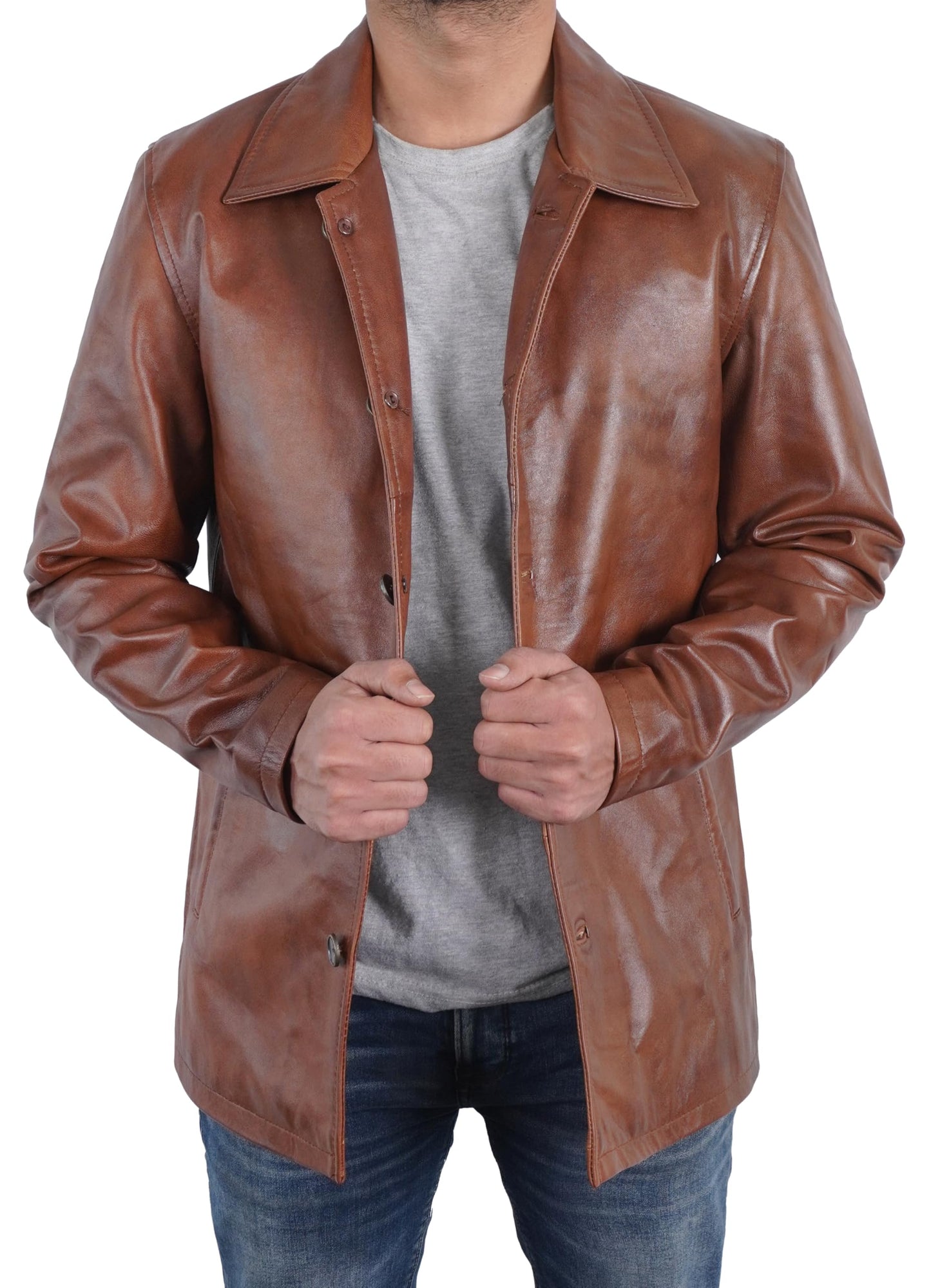 STOREJEES Brown Leather Jacket Men | Car Coat Brown, 5XL