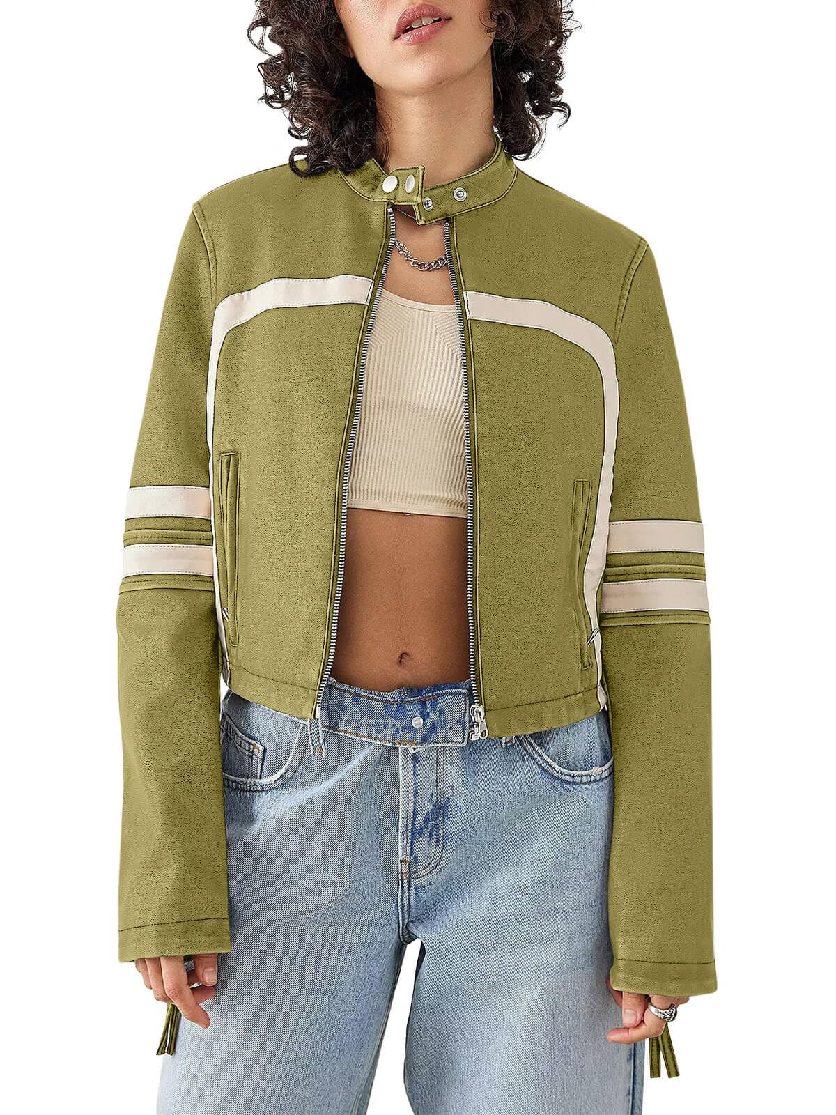 Saodimallsu Women’s Faux Leather Jackets Zip Up Stand Collar Cropped Motocross PU Coats