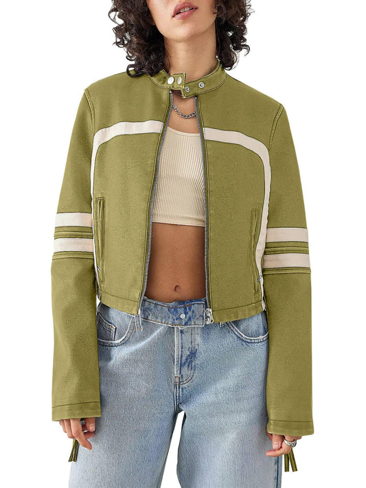 Saodimallsu Women’s Faux Leather Jackets Zip Up Stand Collar Cropped Motocross PU Coats