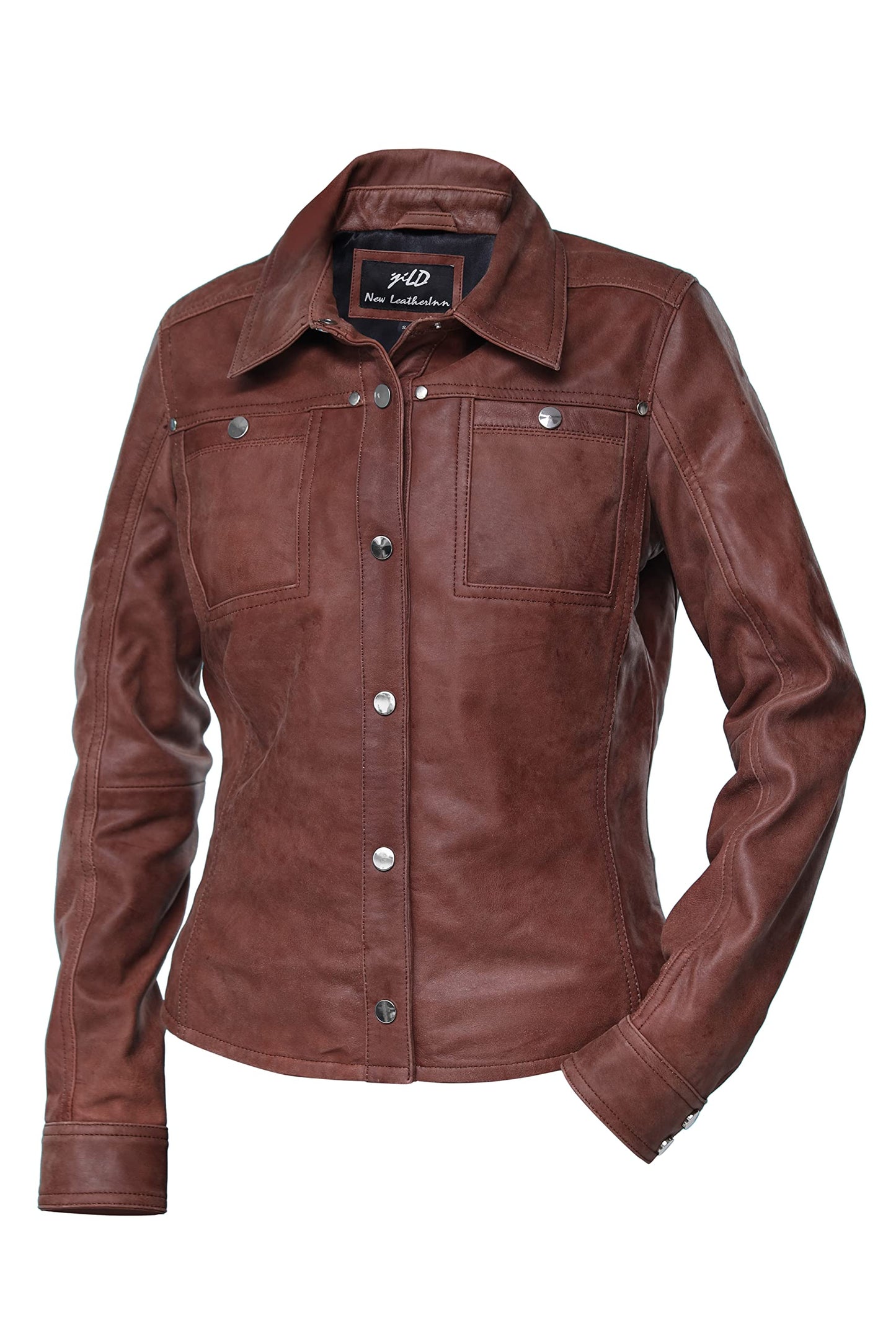 Jild Womens Button Front Lambskin Leather Jacket Shacket - Casual Shirt Long Sleeve Leather Jacket Women with Bust Pocket (A.Brown-XXL)