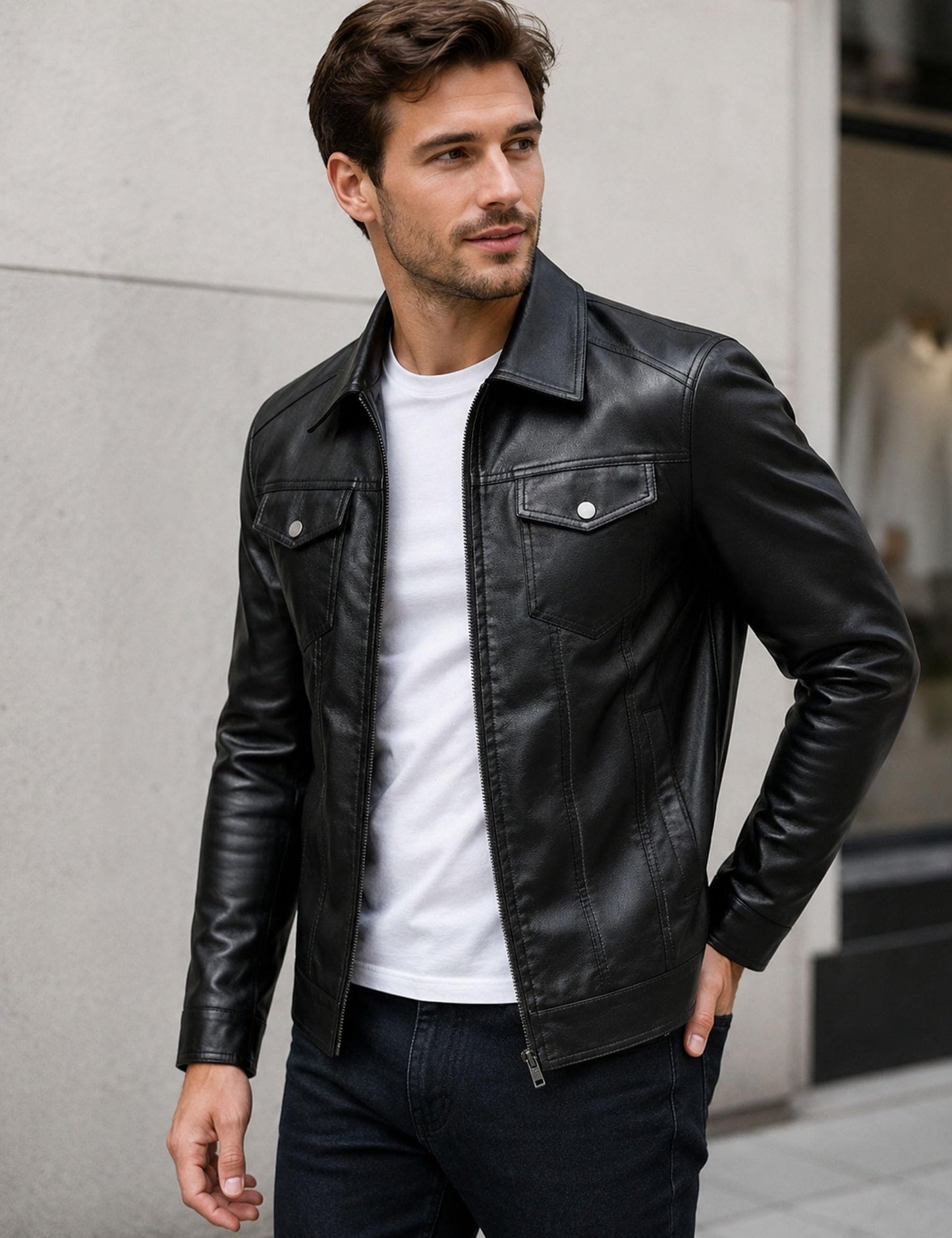 Zbrandy Black Leather Jacket Men Faux Leather Jackets Motorcycle Jacket Casual Zip Up with Turn-Down Collar Biker Outerwear Coat XL
