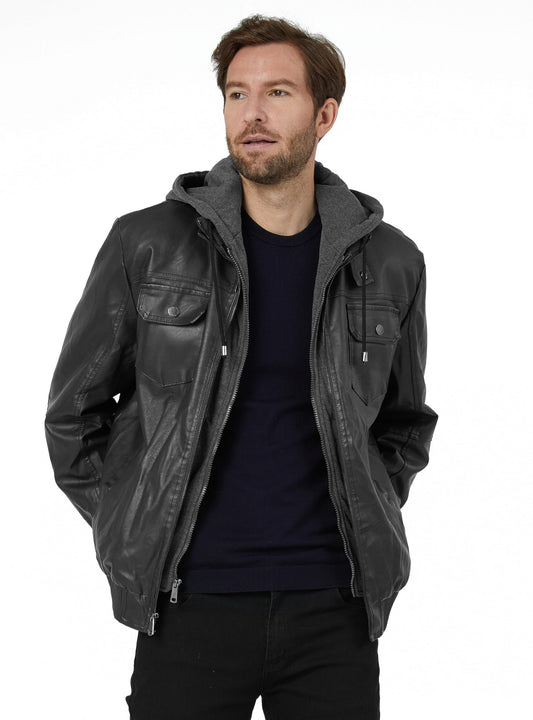 Wantdo Men's Faux Leather Motorcycle Jacket Slim Fit Warm Winter Jackets with Removable Hood Black Large